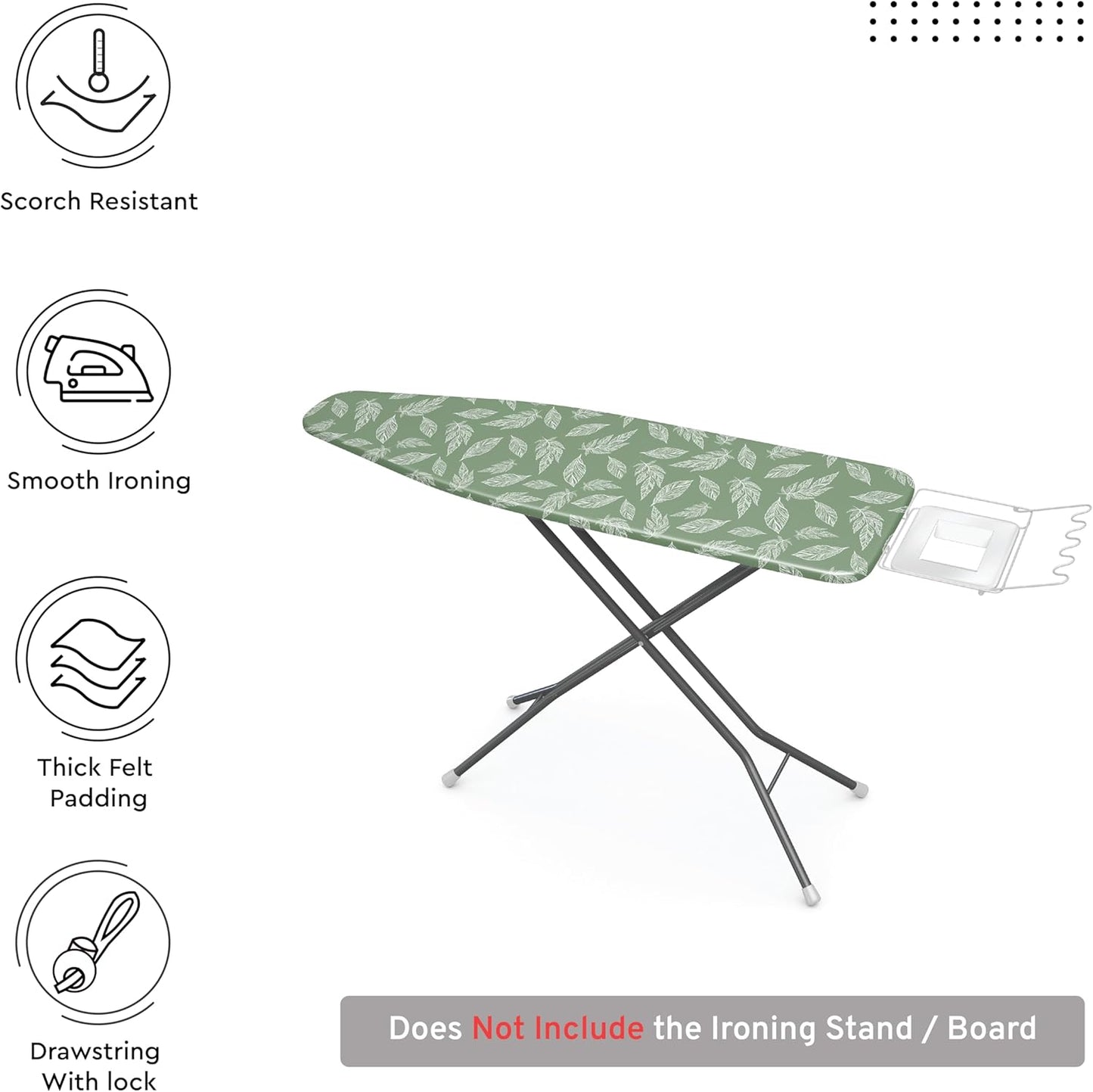 Encasa XO Ironing Board Cover and Pad 49"x18" - Thick 3mm Felt Padding, Drawstring Tightening & Lock, Easy Fit, Scorch & Stain Resistant, Fits Wide Ironing Board - Big Leaves Green