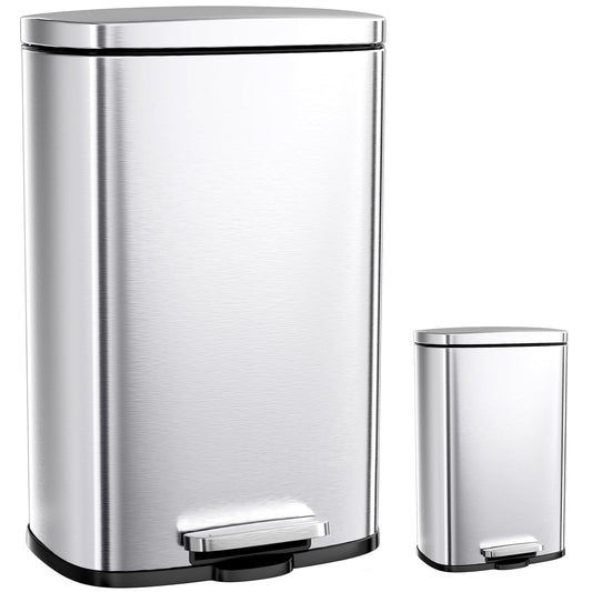 Arlopu 13.2+1.3 Gallon Step Trash Can, Stainless Steel Garbage Bin, Soft-Close Rubbish Bin with Removable Plastic Inner Bucket, Fingerprint-Proof, Lid Dustbin, for Kitchen Home (Silver)