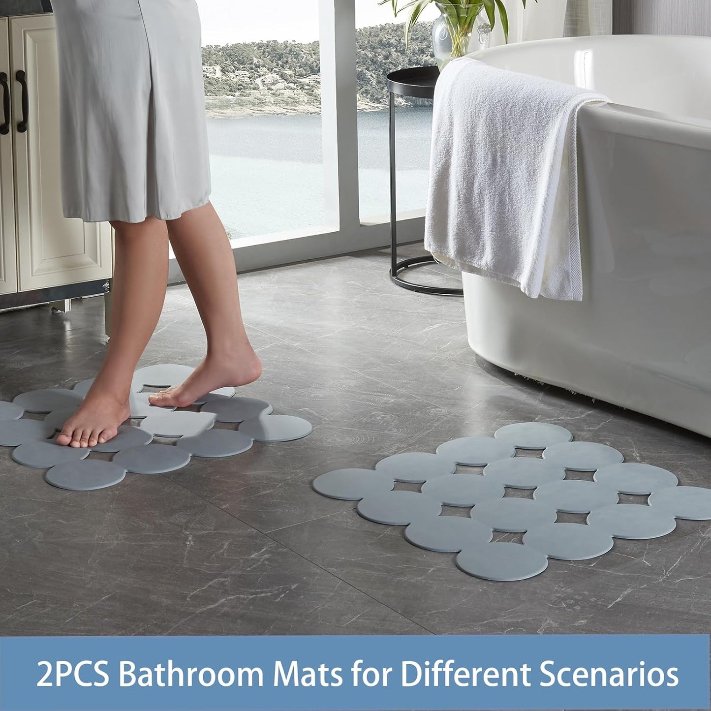 Square Shower Mat Nonslip - 2PCS Rubber Bathtub Mat with Suction Cups for Inside Shower Bathroom Floor (Grey, 21X21)