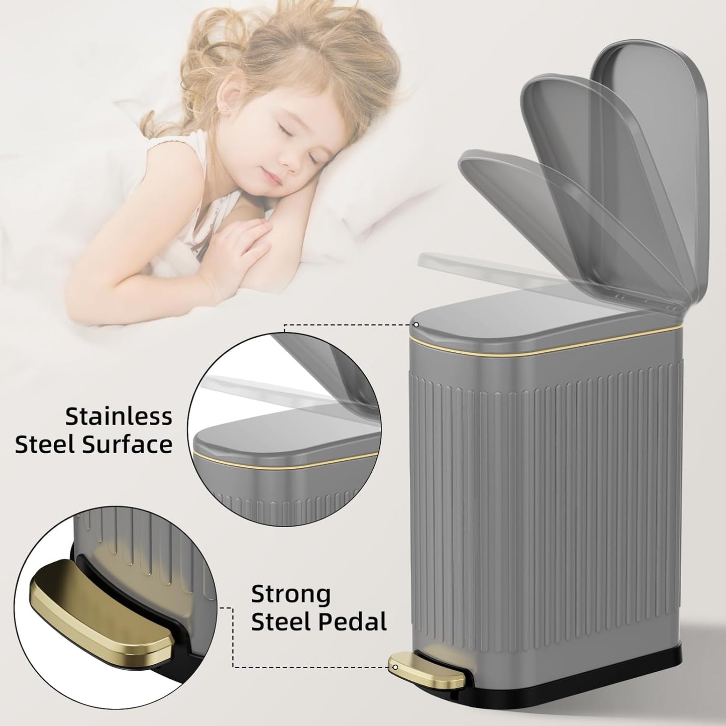 KUK Slim Bathroom Trash Can with Lid, 2.6 Gallon (10 L) Stainless Steel Step Small Garbage Can with Removable Inner Bucket, Soft Close, Anti-Fingerprint Finish (Gray)