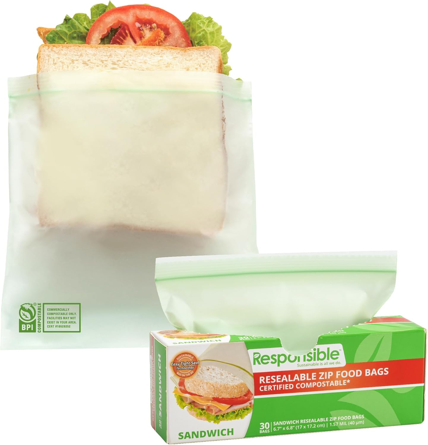 Responsible Products Certified Compostable SANDWICH Resealable Zip Bag, Extra Strength Food Bags, Plant-Based Freezer-Safe (30 Pack)