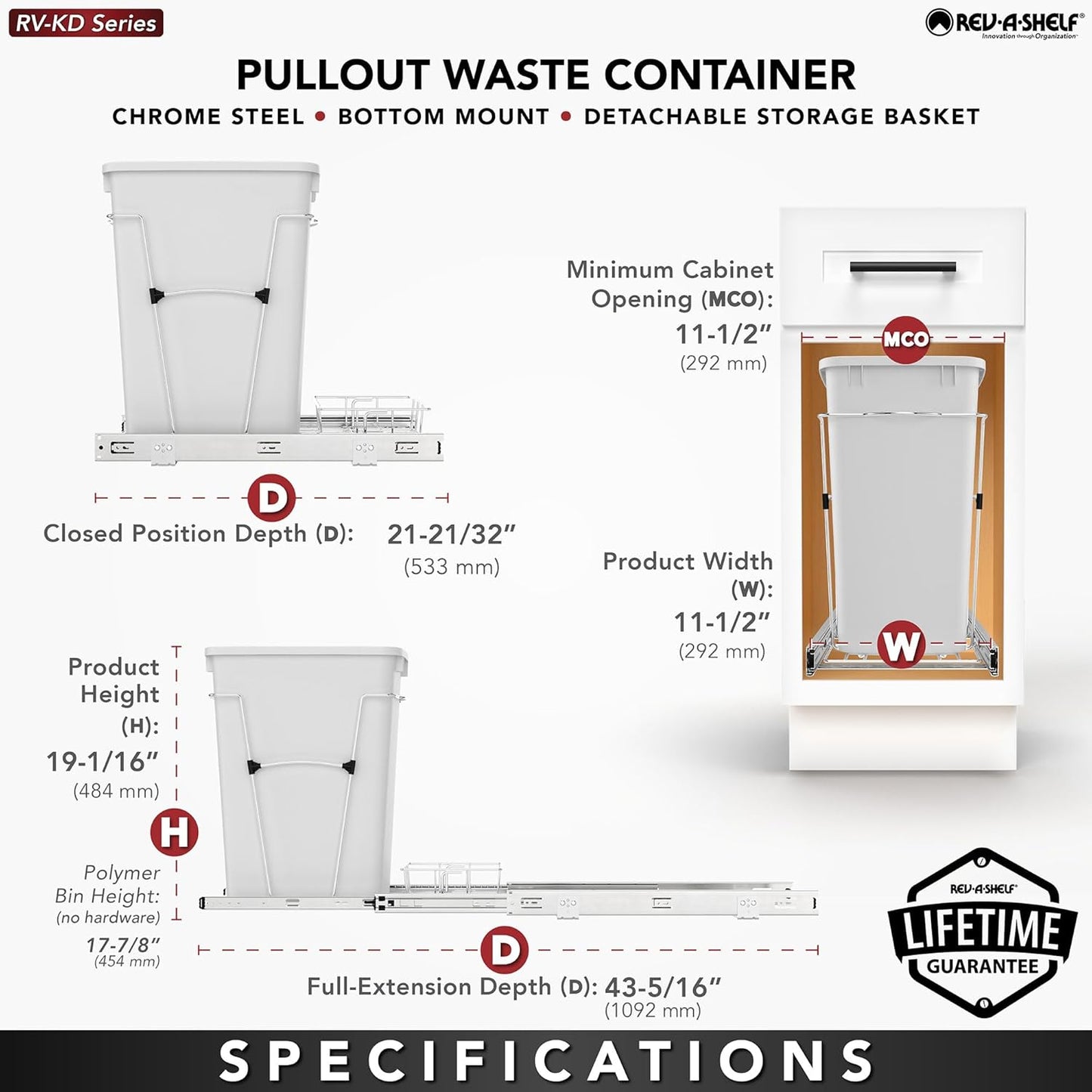 Rev-A-Shelf Pullout Trash Can for Kitchen Cabinets 35 Quart Garbage Waste Recycling Bin with Full Extension Slides, White, RV-12KD-11C