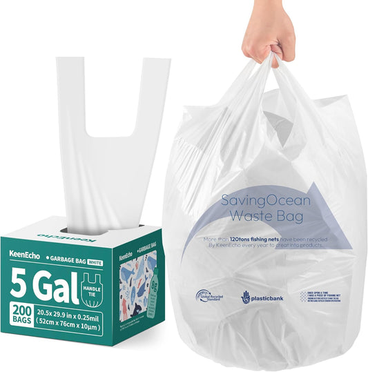 Small Trash Bags with Handles 5 Gallon 200 Count White - Ocean Plastic Upcycling - Plastic Garbage Bags, Can Bin & Waste Basket Liner for Kitchen, Bathroom, Office and Pets