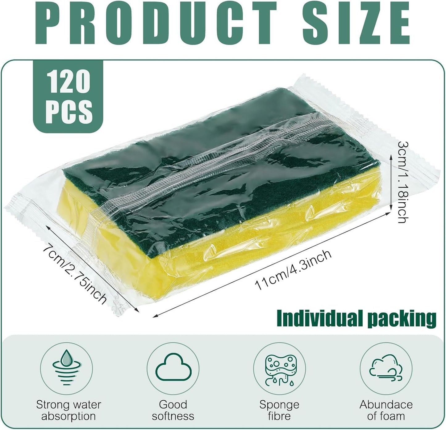 Tanlade 120 Pcs Individually Wrapped Sponge Dishwashing Sponge Bulk Non Scratch Scrub Sponges Kitchen Scouring Pad for Household Cleaning Rental Dishes Hotel Apartment Car (Yellow,Green)
