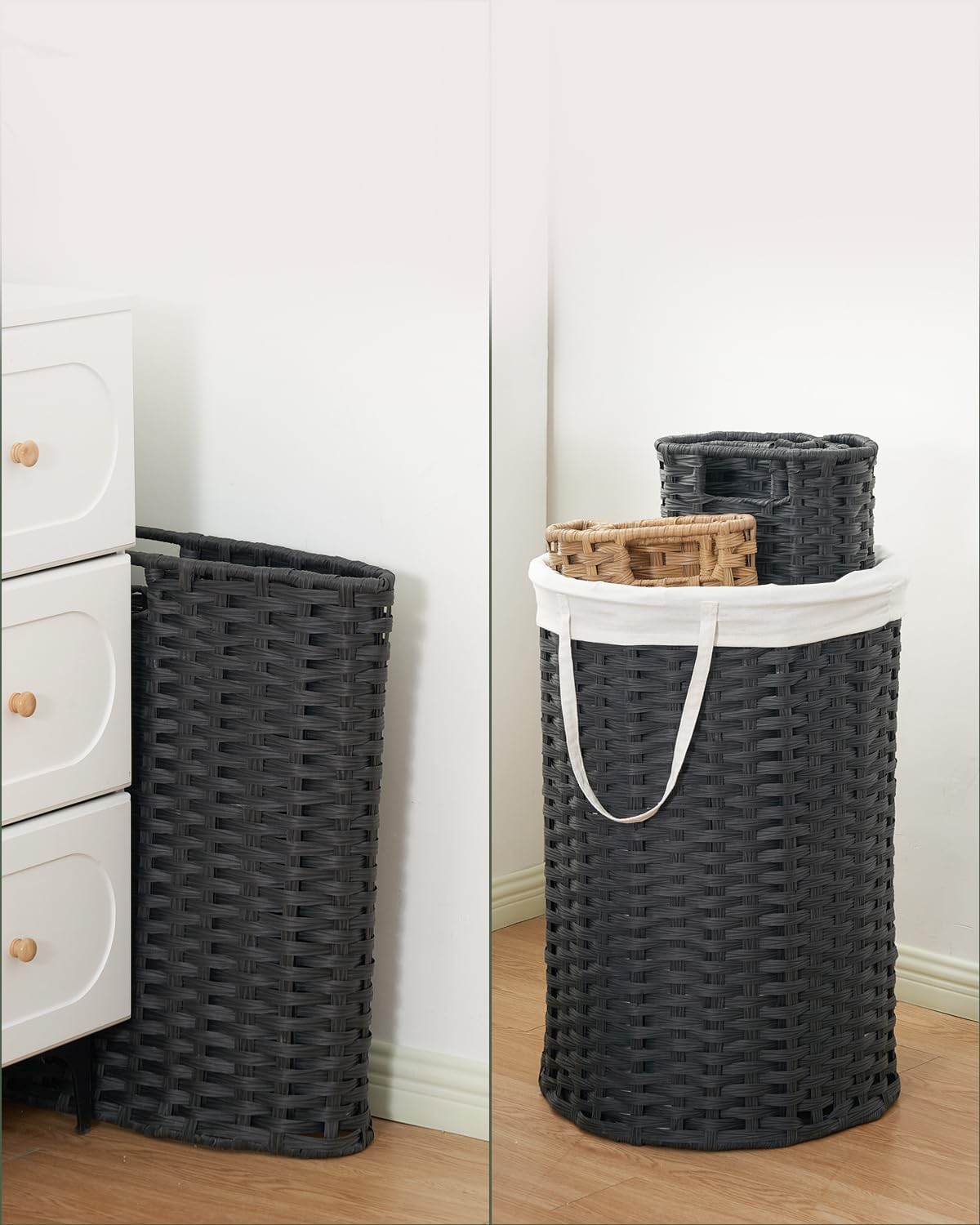 Laundry Hamper Laundry Basket Round 19.0 Gal (72 L) Handwoven Rattan Laundry Basket, Large Wicker Laundry Hamper with Removable Laundry Bag Handles 2 Mesh Bags for Bathroom Living Room Black