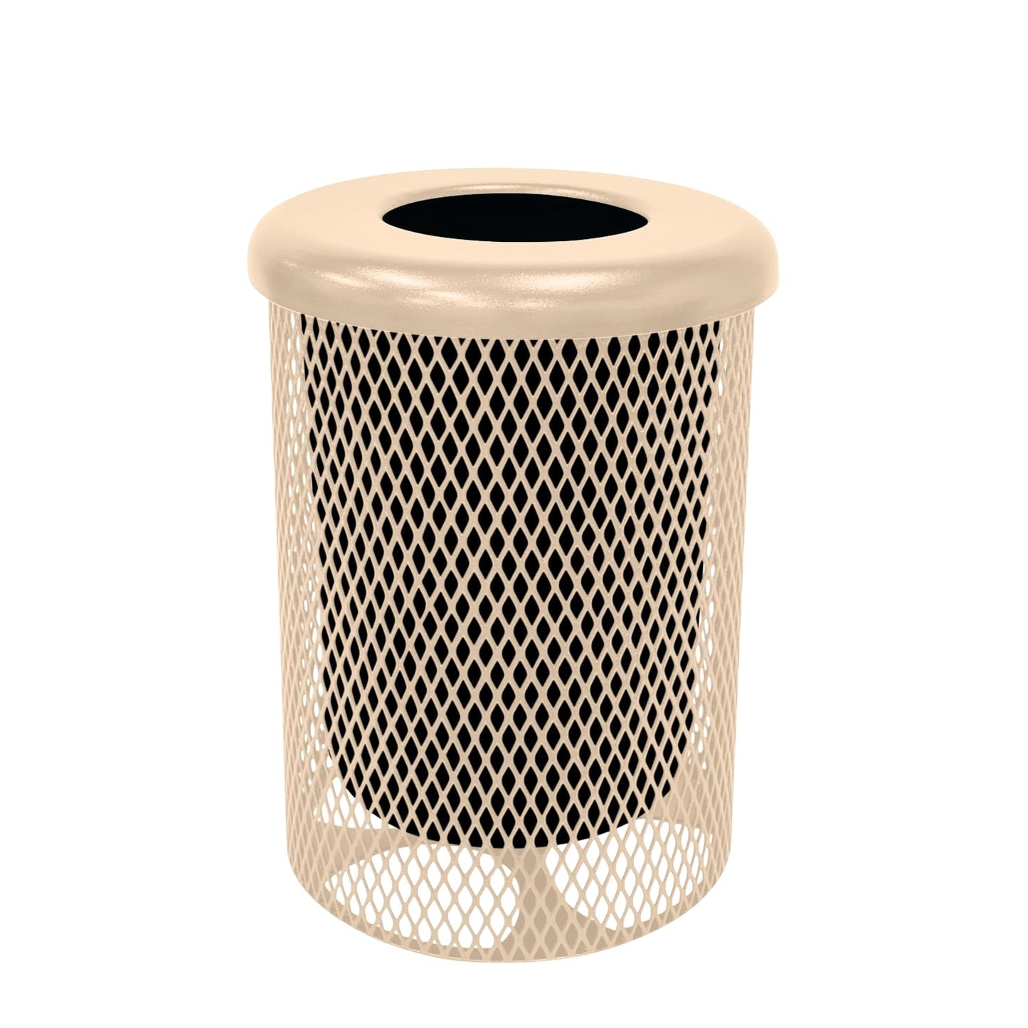 COATEDOUTDOORFURNITURE RFT-TAN Heavy Duty 32 Gallon Round Trash Receptacle, Liner Included, Tan with Flat Top Lid, Made in America