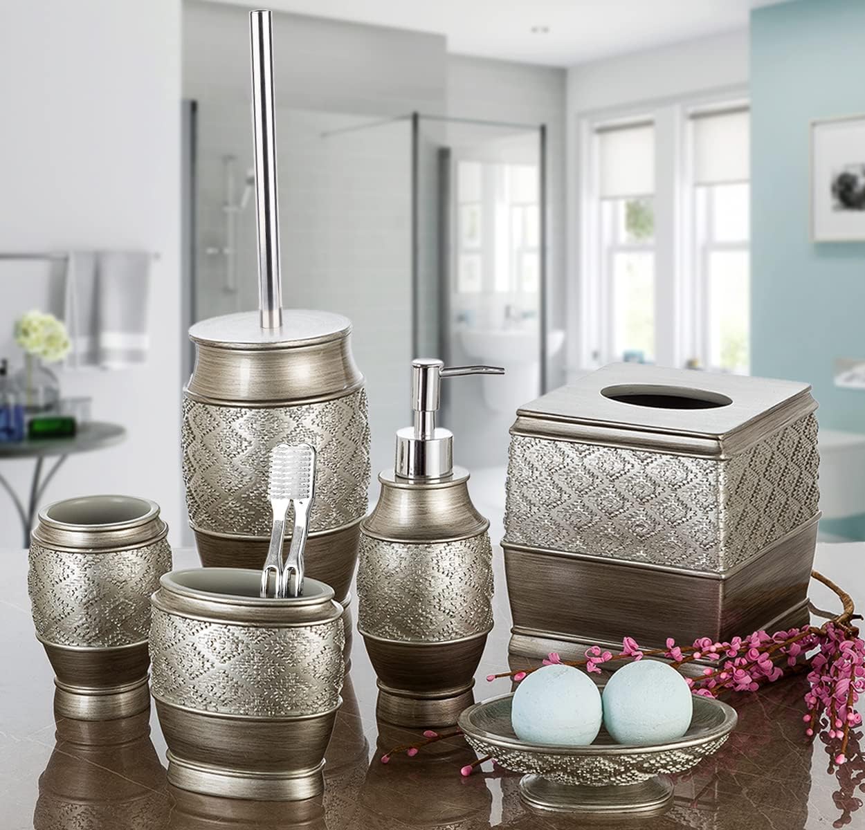 Creative Scents Dublin Silver Toilet Brush Set - Toilet Bowl Cleaner Brush and Holder - Decorative Bathroom Cleaner Brush - Space Saving Design Toilet Bowl Scrubber