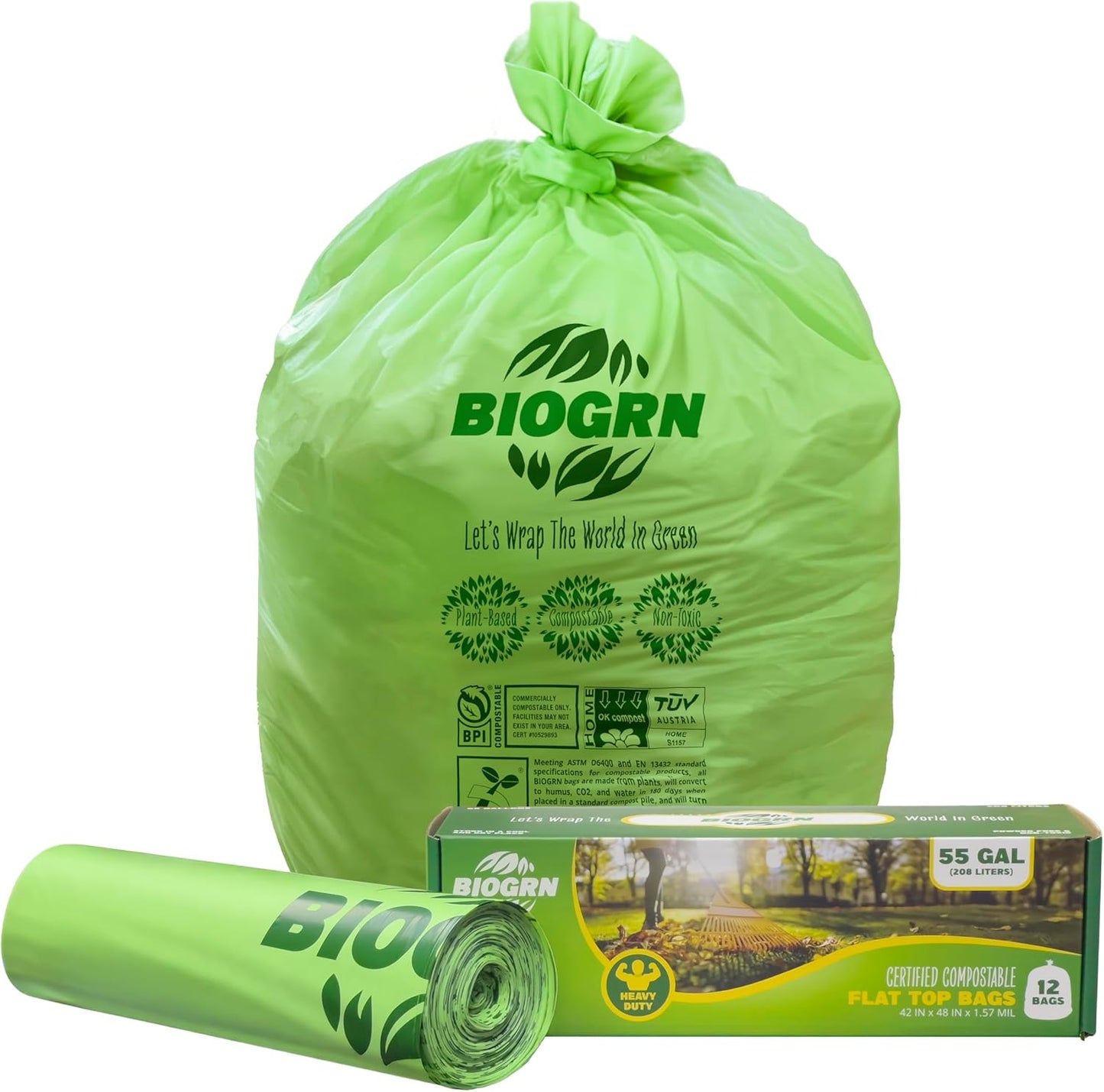 50-55 Gallon Compostable Trash Bags Flat-Top 12 Bags Heavy Duty 1.57 Mil 208.2 Liter Large Lawn and Yard Waste Bag Compost for Outdoor Garden ASTM D6400, US BPI and OK Compost Home Certified