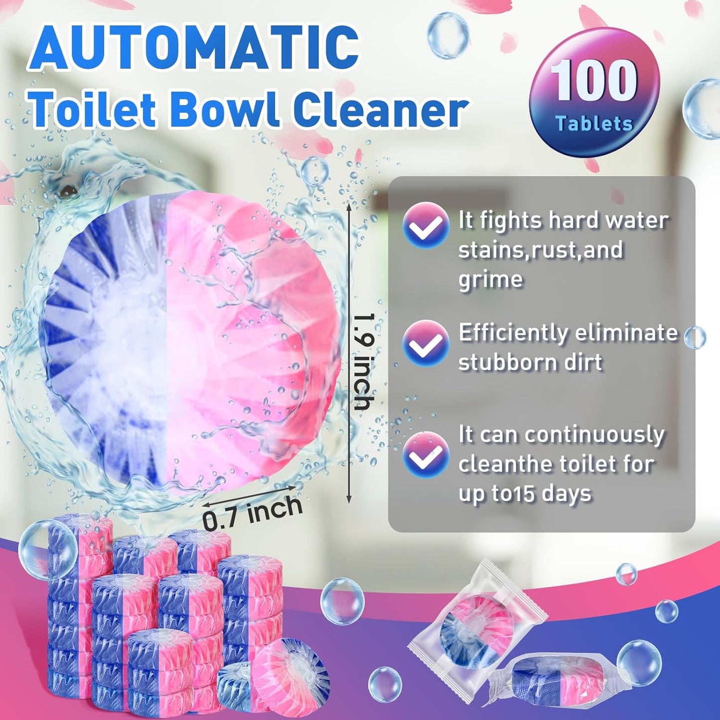 Qualirey 100 Pack Automatic Toilet Cleaner Tablets Toilet Bowl Long Lasting Bathroom Tank Tablets (Pink and Blue)
