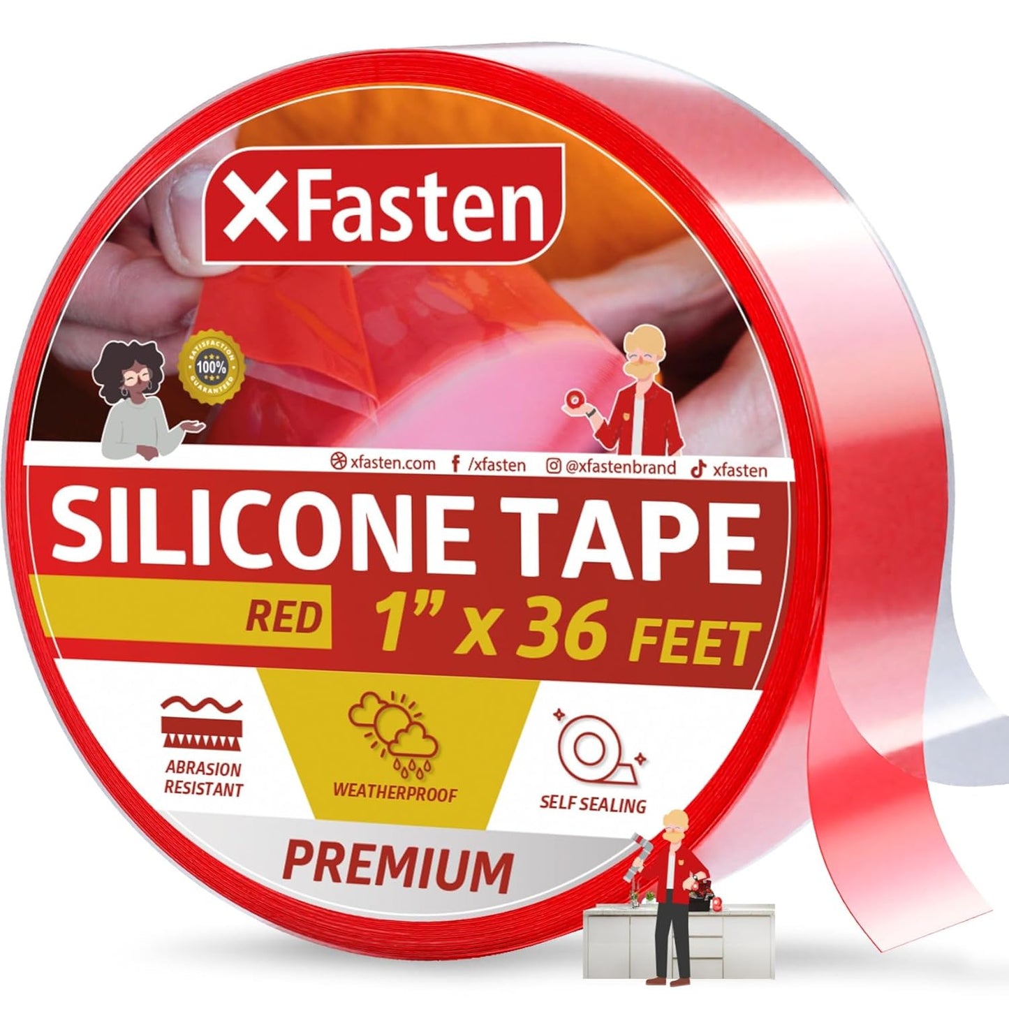 XFasten Self Fusing Silicone Tape Waterproof – 1" x 36 Feet Red, Self Amalgamating Tape, Silicone Rubber for Plumbing, Sealing Pipes, Hose Repair, Outdoor Coax and Electrical Cables – Weatherproof