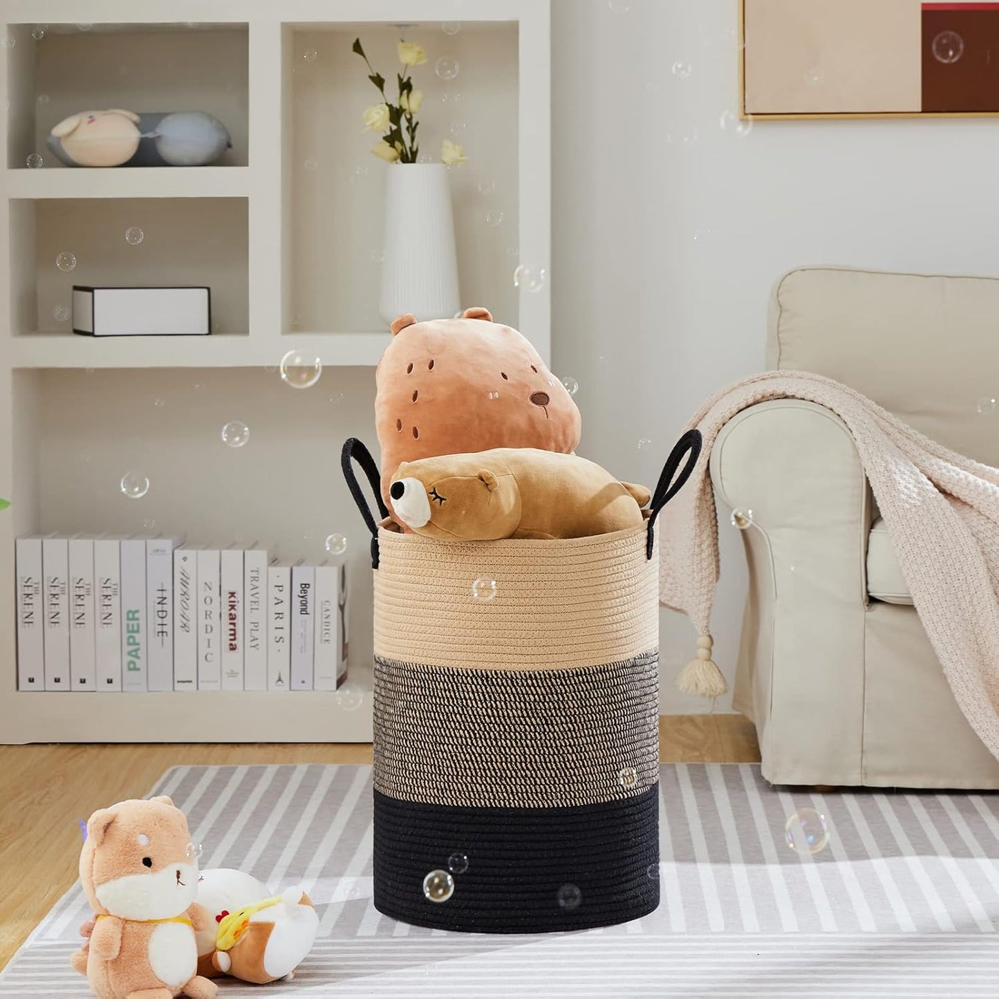 VIPOSCO Large Laundry Hamper, Tall Woven Rope Storage Basket for Blanket, Toys, Dirty Clothes in Living Room, Bathroom, Bedroom - 72L Brown & Black