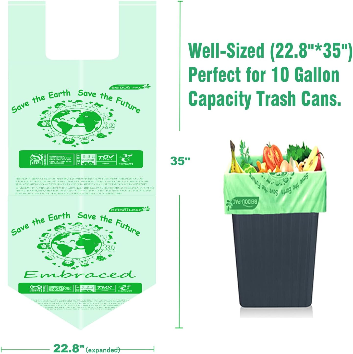 Compostable 13 Gallon Trash Bags, Tall Kitchen Garbage Bags with Handle, Sturdy Biodegradable Compost Bags, 100 Count, US BPI Certified