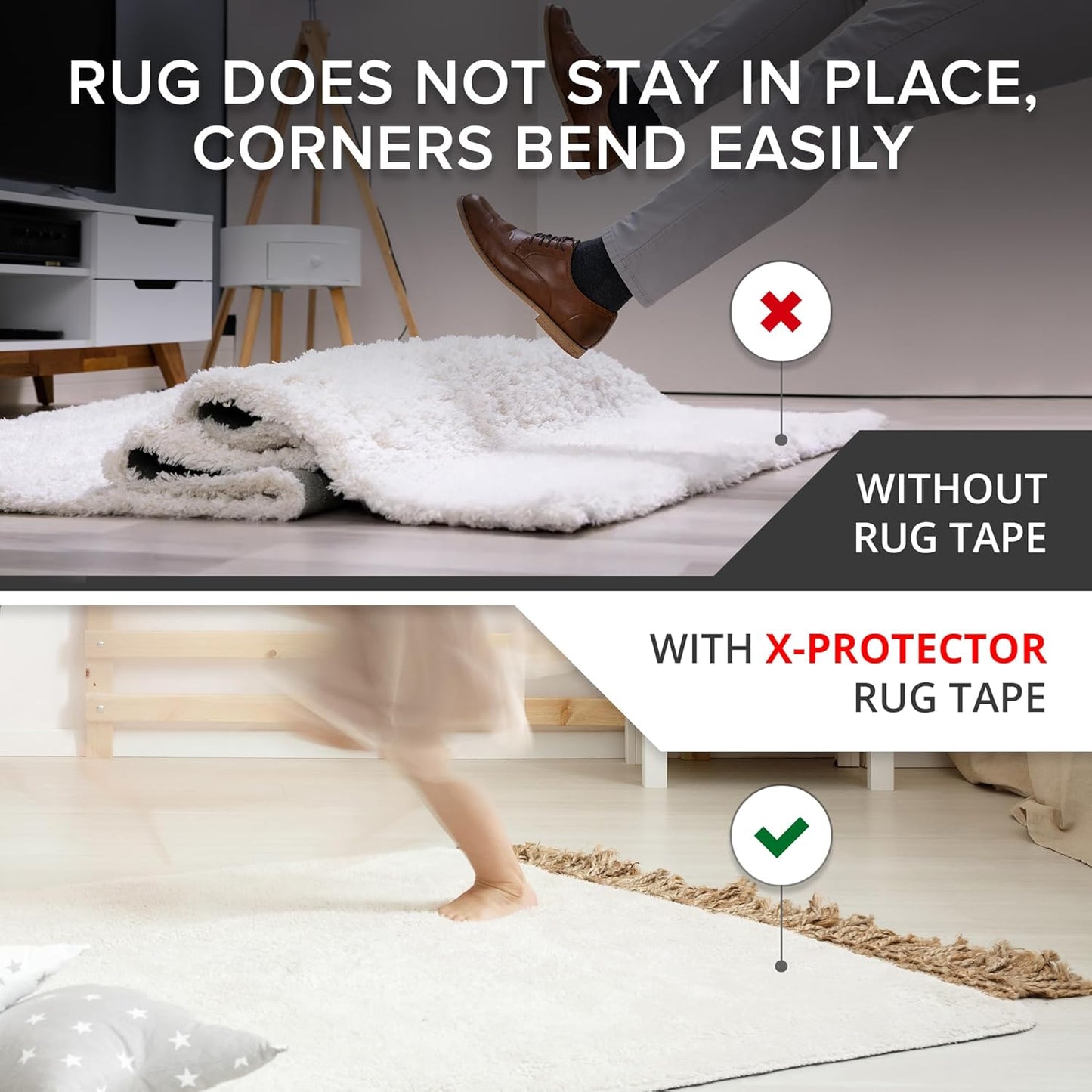 X-Protector Rug Tape - 8 Pcs Set - White Anti-Slip & Anti-Curling Carpet Tape for Hard Floors - Premium Rug Pad Gripper - Ideal Carpet Corner Grippers to Keep Your Carpet in Place & Make Corners Flat