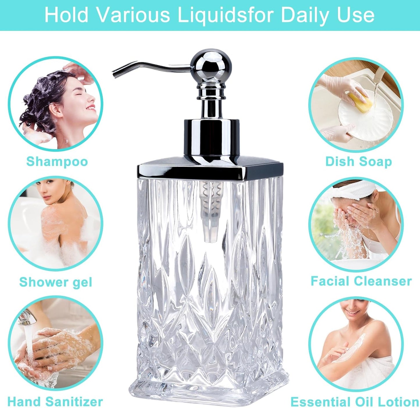 10Oz Clear Glass Soap Dispenser,Handcrafted Lead-Free Glass,Hand Sanitizer Dispenser with Silver Pump for Kitchen and Bathroom,Elegant Bathroom Decor(Square)