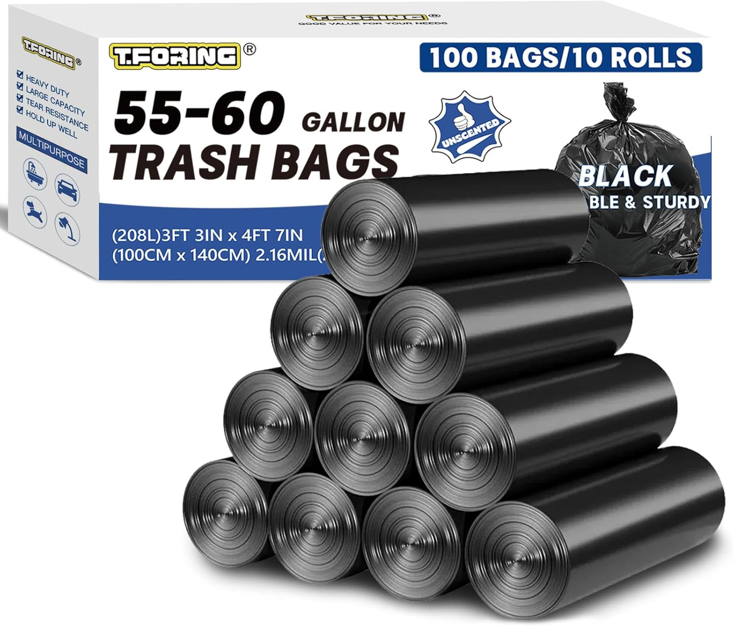 55-60 Gallon Trash Bags Heavy Duty 2.1 Mil - 39''x55'' 100 Count Extra Thick Black Garbage Bags Unscented Strong Huge Can Liners for Construction Industrial Yard Outdoor Commercial