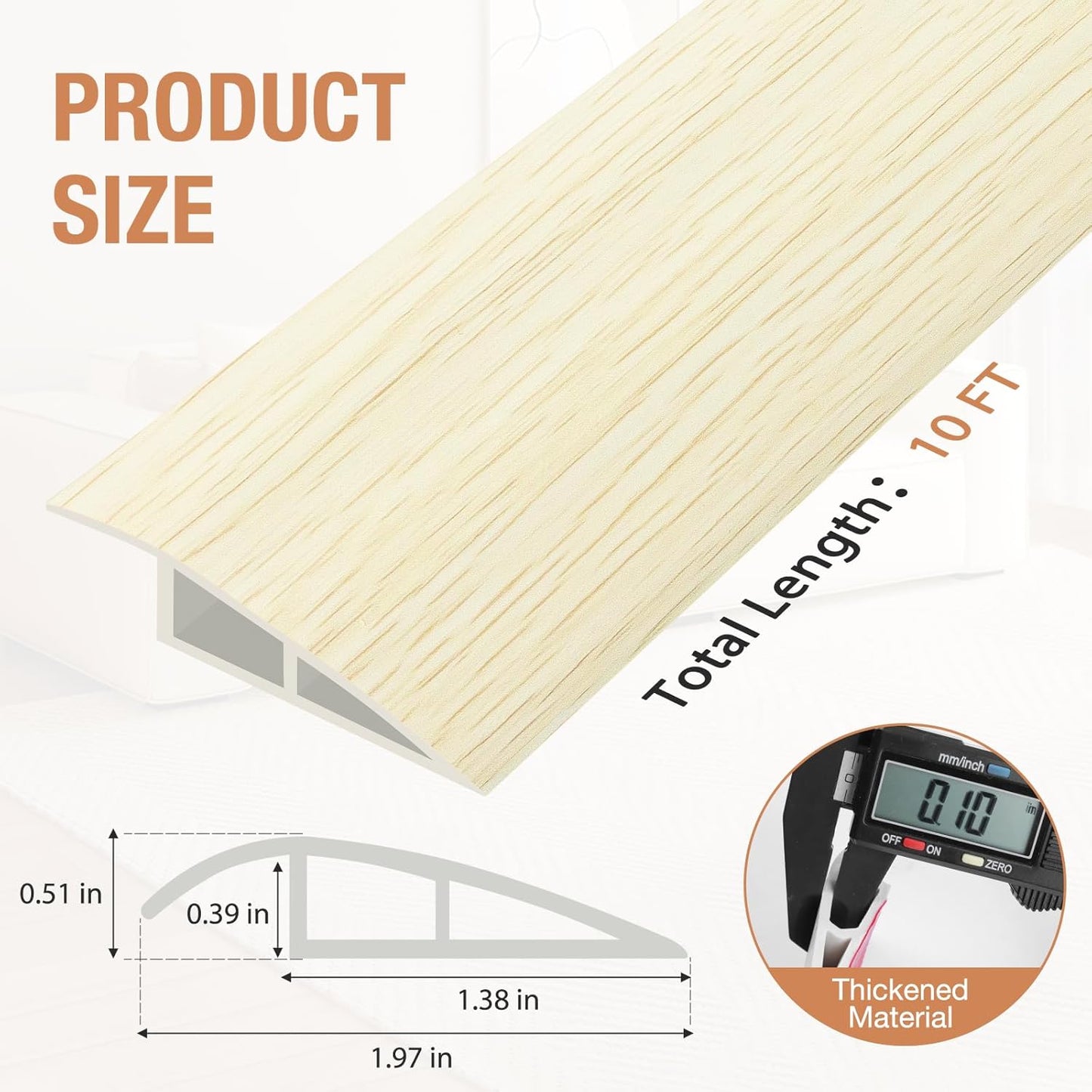 Floor Transition Strip Self Adhesive Vinyl Door Threshold for Doorways Carpet Edging Trim Overlap Edge Reducer for Laminate Floor, Carpet, Tile (Beige Wood Grain, 1/5" to 2/5", 10Ft)