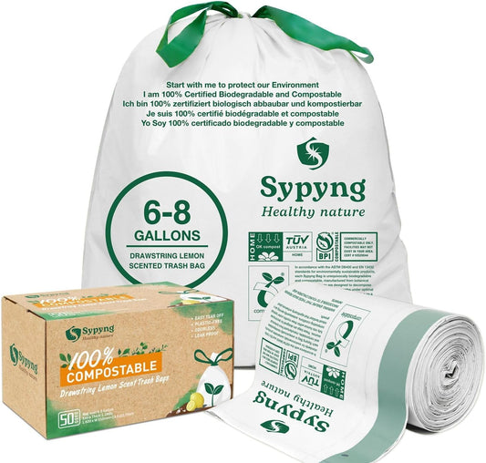 Compostable Trash Bags 6-8 Gallon (50-Pack) – Heavy Duty, 1.1 Mil Thick, 100% Biodegradable Kitchen Waste Bags for Medium Bins | ASTM D6400, BPI & OK Compost HOME Certified, Eco-Friendly & Recyclable