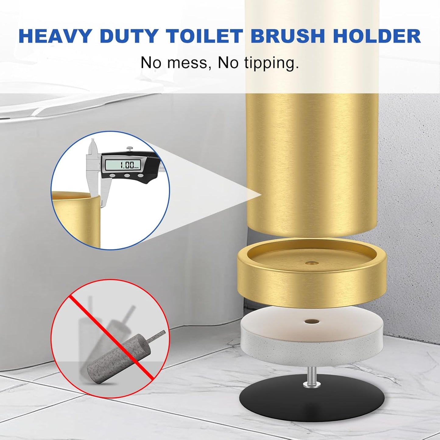 Toilet Brush and Holder Set: 304 Stainless Steel Brushed Gold Toilet Bowl Brush and Holder with Removable Inner Bowl and Splash Protection, Heavy Duty Long Handle Bathroom Cleaning Tool