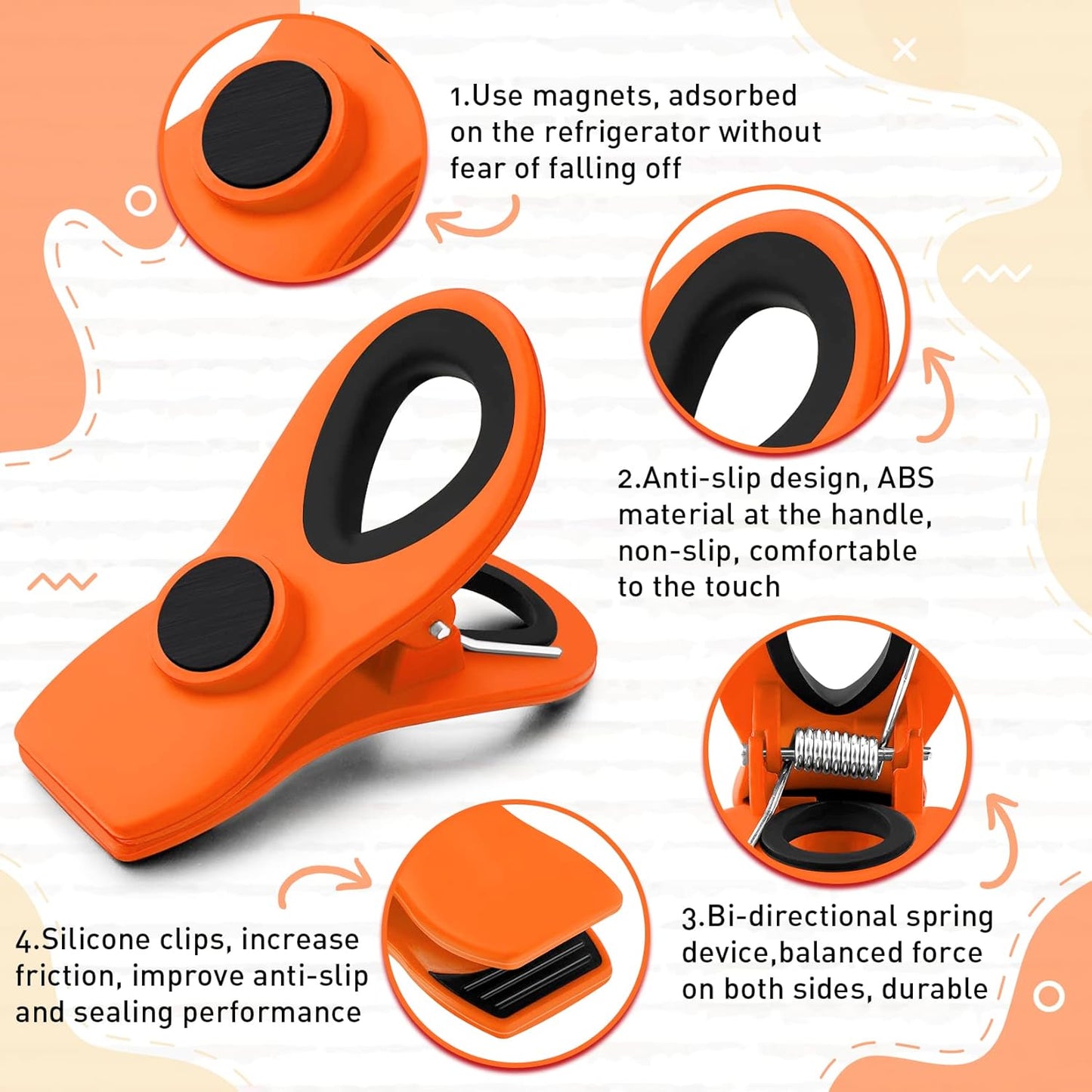 FINDMAG 12 Pack Big Chip Clips, Orange Magnetic Clip for Plants, Plastic Snack Clips for Bags, Food Sealing Clips with Magnet for Chips, Snacks, Fridge and Food Organization