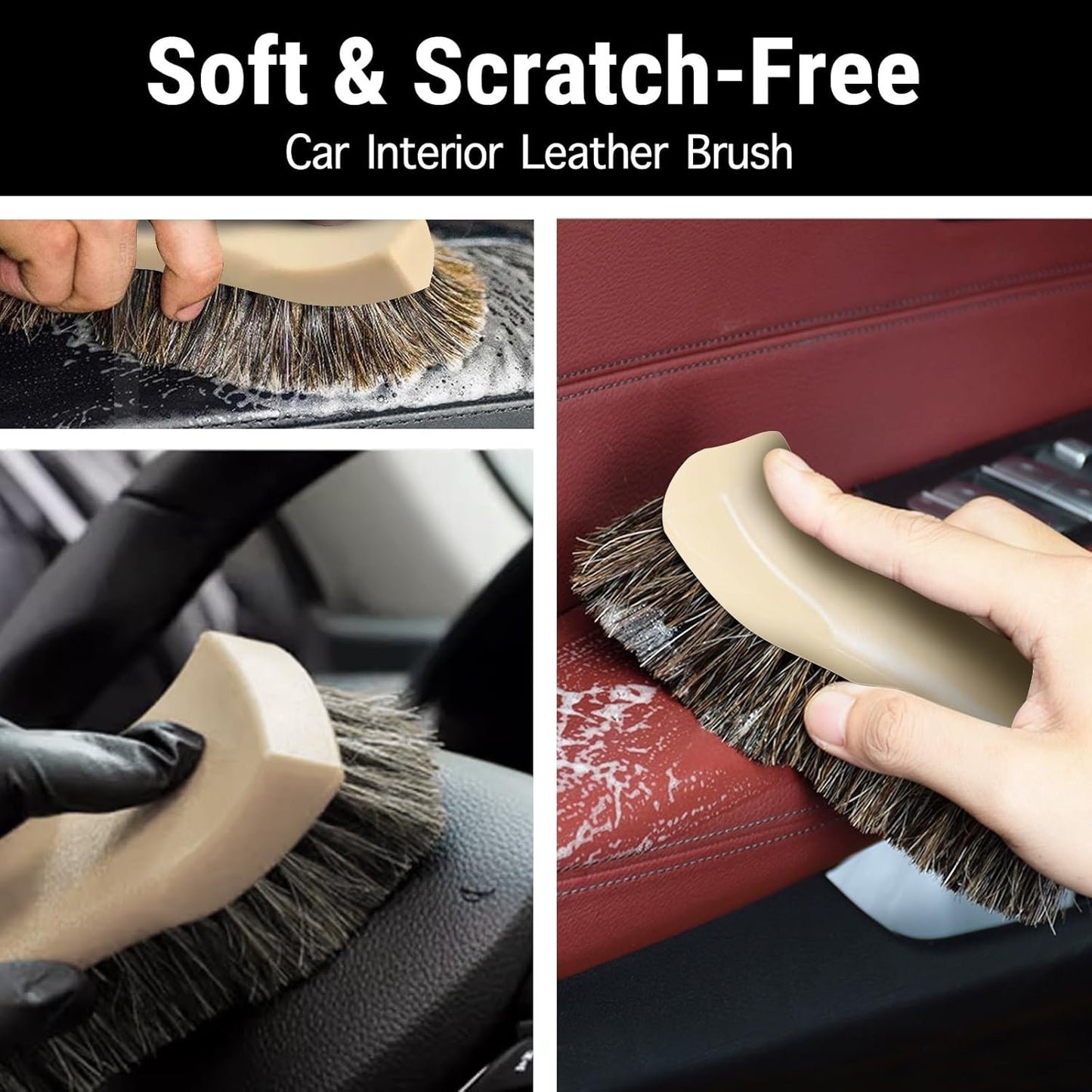YeewayVeh Long Bristle Horse Hair Brush for Leather, Versatile Leather Cleaning Brush for Car Interior Seat, Carpet, Upholstery, Furniture and Shoes