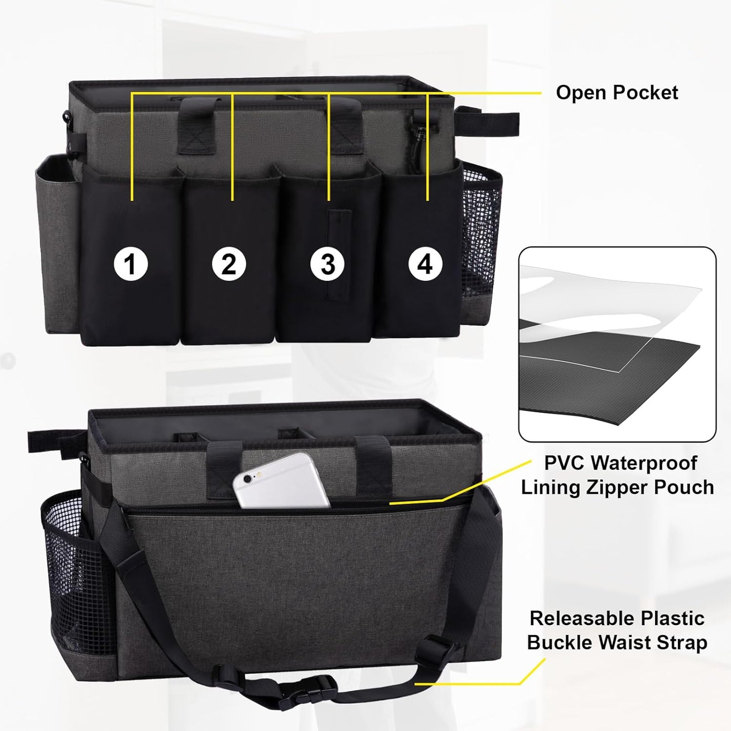 Wearable Large Cleaning Caddy Bag for Housekeeper, Clean Supply Organizer with Adjustable Shoulder, Waist & Handle Straps, Detailing Bag for Kitchen Supplies (Black&Gray)