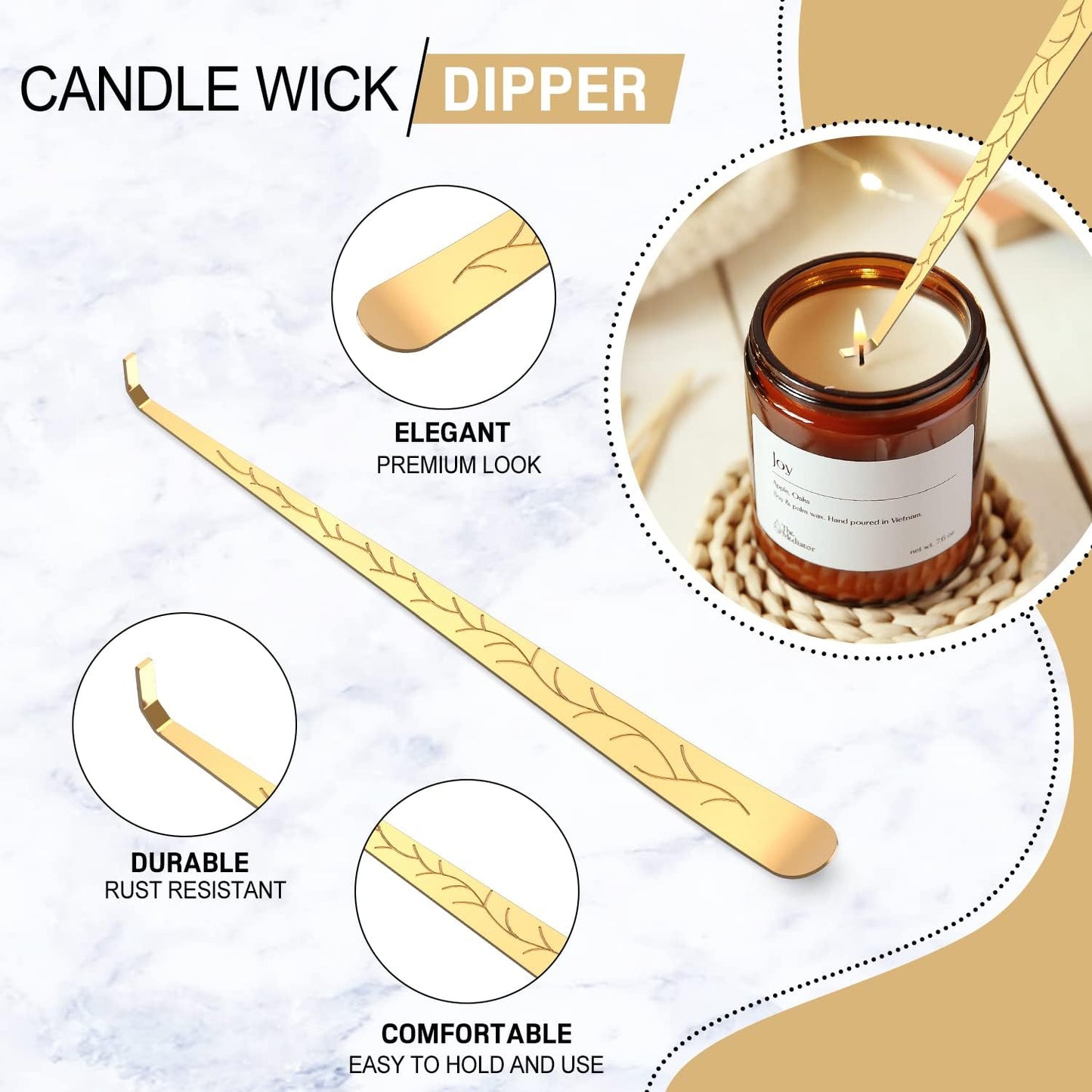 6 in 1 Candle Accessory Set,Candle Wick Trimmer Cutter,Candle Wick Dipper,Candle Wick Snuffer, Rechargeable Candle Lighter,Storage Tray Plate,Tweezers,Stainless Steel Candle Care Kit Home Gift(Gold)