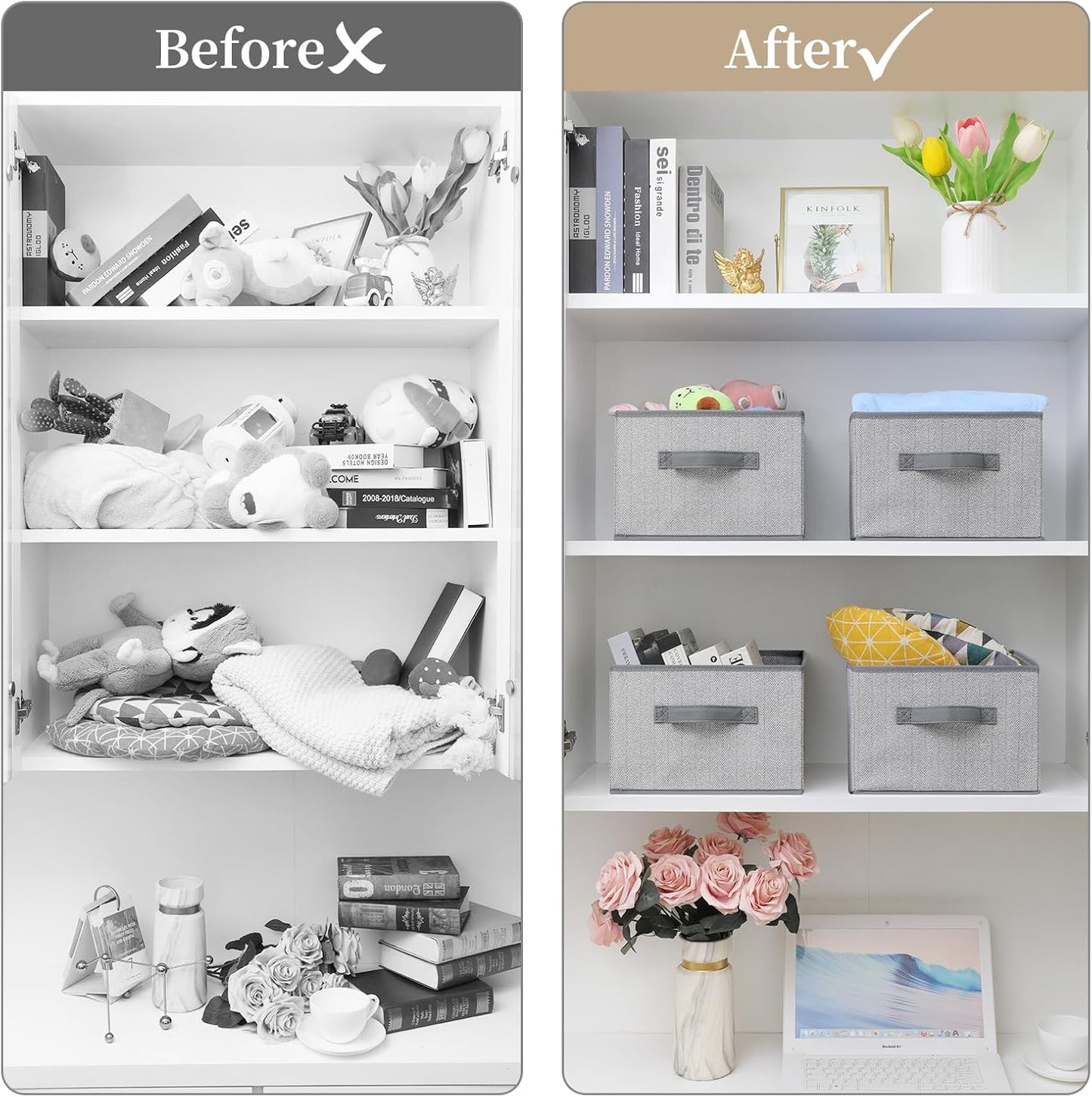 Storage Baskets, 11-Inch Woven Fabric Bins, Storage Cubes with Reinforced Handles, Organizer Bins for Closet Shelves, Foldable, for Toys, Clothes, Natural Beige (2PCS/Grey-11*11*7.8inch)