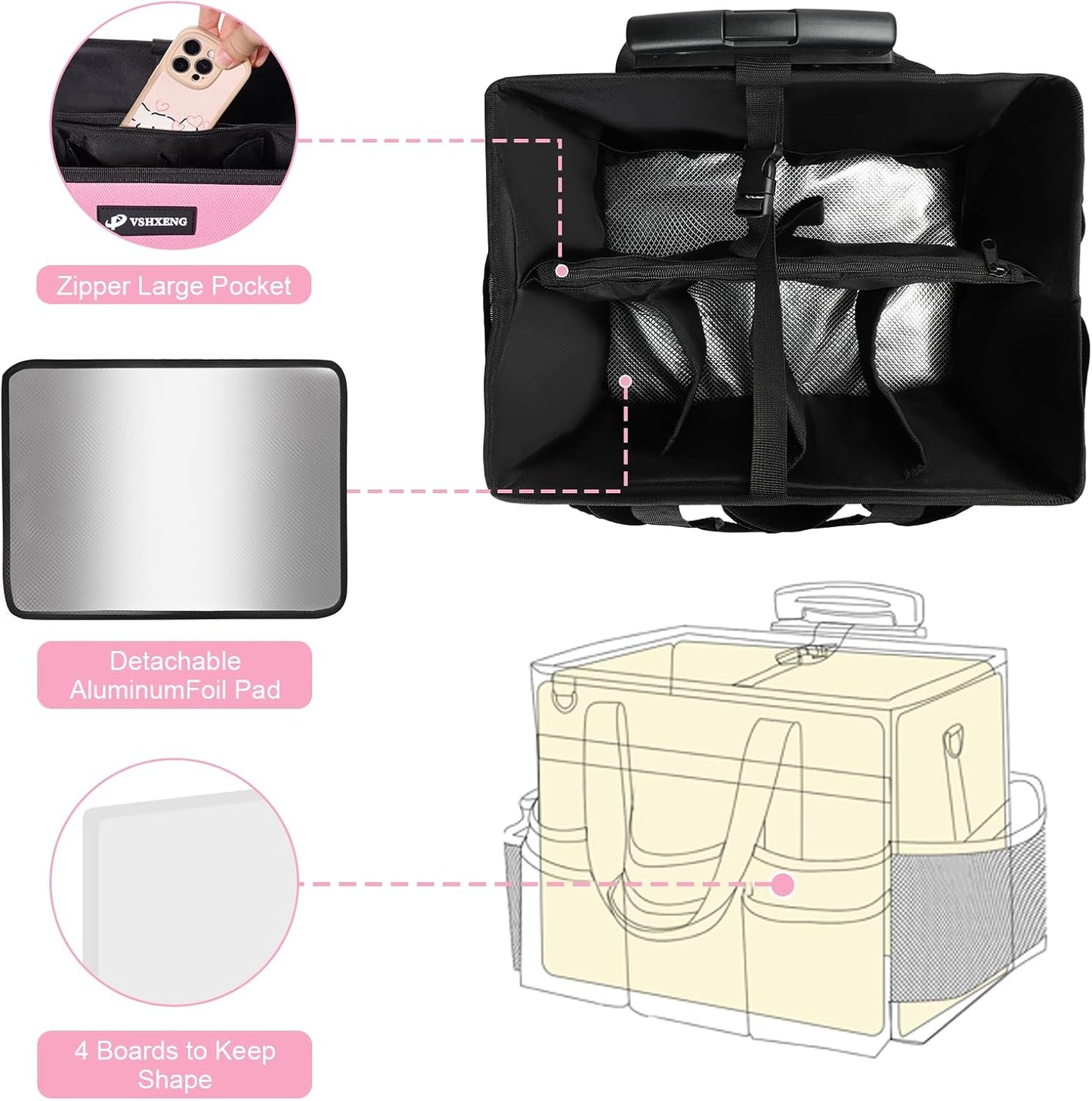 Large Rolling Cleaning Caddy Bag with Wheels, with Detachable Trolley, Cleaning Bags on Wheels for Housekeepers, Cleaning Cart Supplies Organizer for Home, Car, Picnic (Pink)