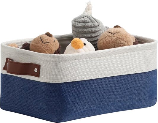DULLEMELO Small Storage Bin,Small Fabric Rectangular Storage Basket for Shelves,Collapsible Bin for Toy and Clothes Storage (White&Blue,1 Pack)