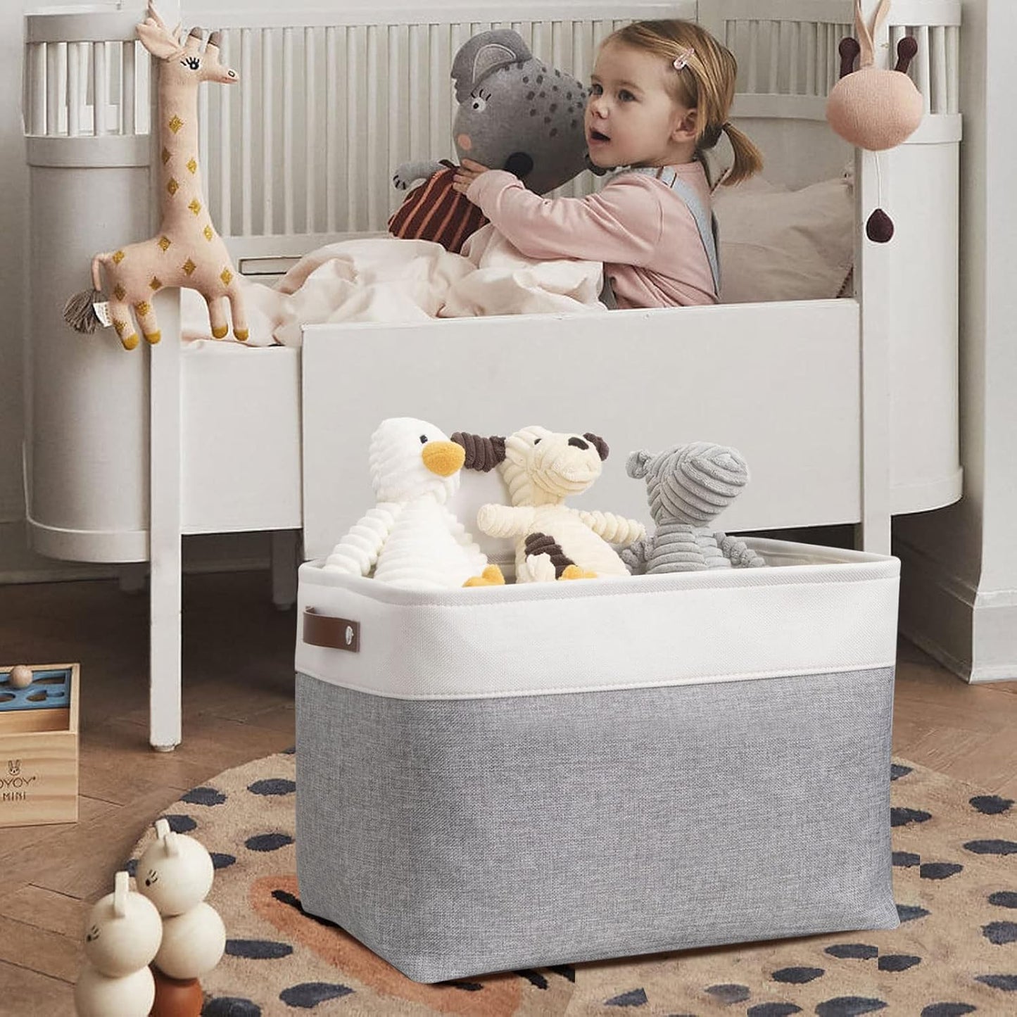 DULLEMELO Storage Baskets Large 16"x12"x12" Tall Rectangular Baskets Fabric Storage Bins for Organizing [1 Pack] Collapsible Linen Shelf Baskets for Clothes, Toys, Closet, Laundry (White&Grey)