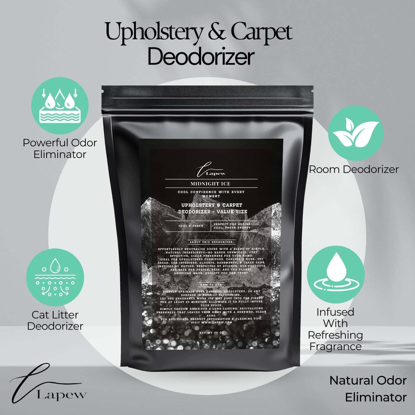 Midnight Ice Carpet Freshener Powder Refill 36 oz | Powerful Odor Eliminator for Home | Upholstery Deodorizer | Carpet Deodorizer | Pet Urine | Cat Litter Box | Black Ice Fragrance