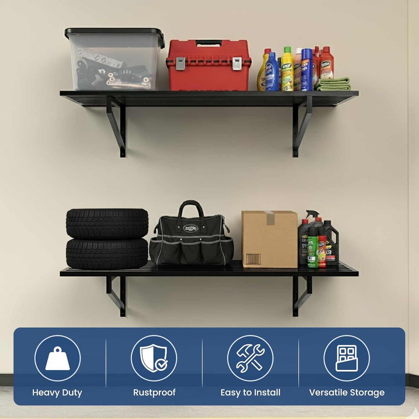 2-Pack Garage Wall Shelves, 2' x 4' Heavy Duty Wall Mounted Storage Rack with 6 Hooks, 500 lbs Capacity (250 lbs Each), Steel Garage Organization Shelving for Tools, Bins, and Power Equipment