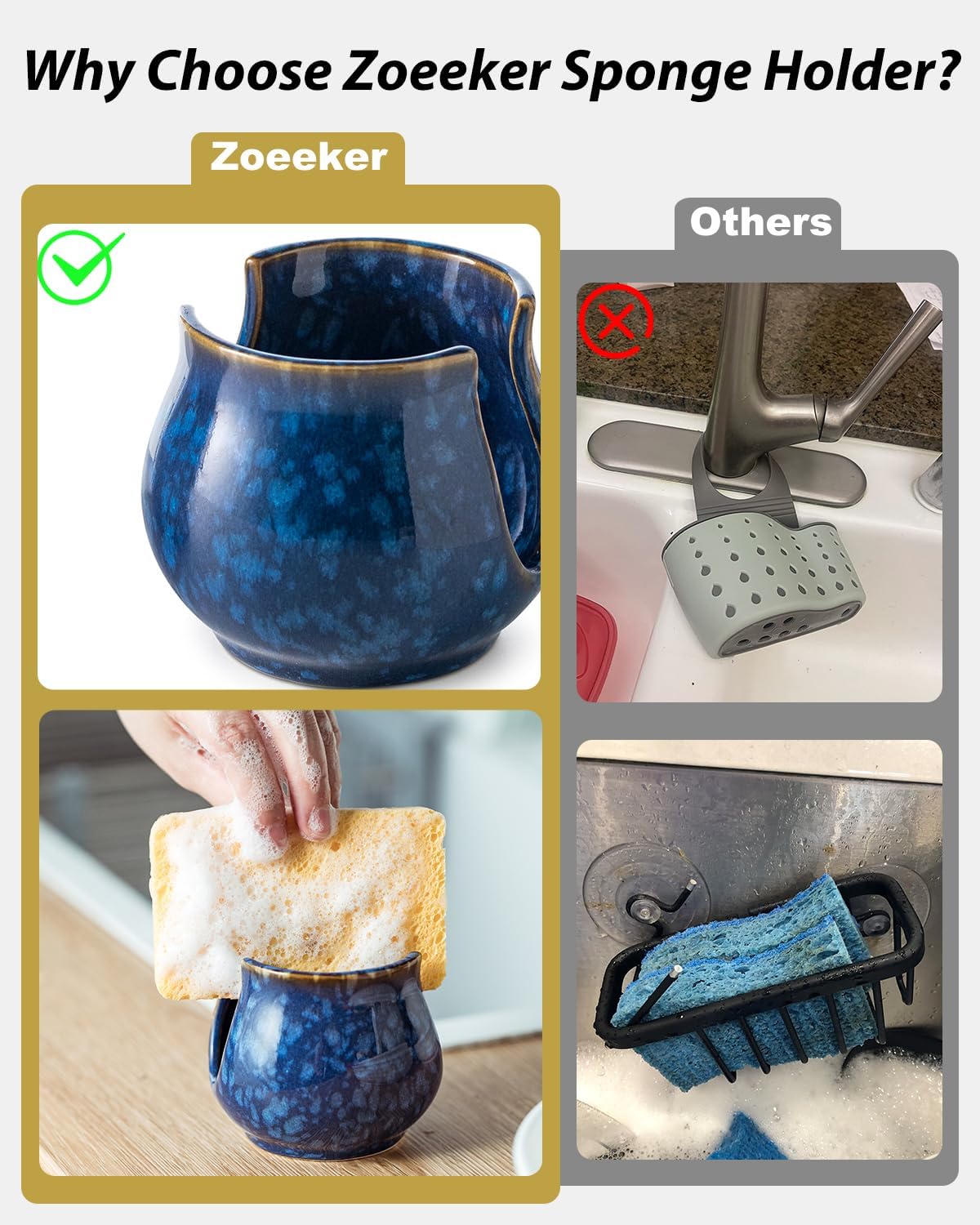 Ceramic Sponge Holder, Kitchen Sink Scrubby Caddy Organizer Dish Sponge Dish Rack for Scrubbers, Bathroom, Sink, Blue