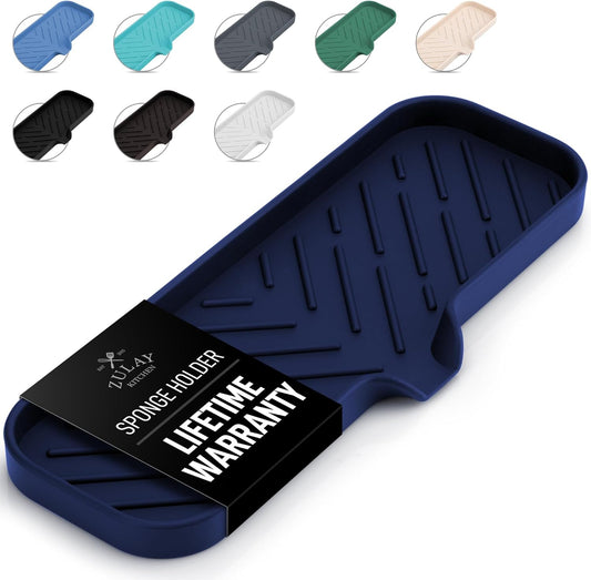 Zulay Kitchen Large Silicone Sponge Holder (12x4) – Flexible Sink Organizer Tray for Kitchen & Bathroom – Multipurpose Soap Dish for Sponges, Makeup, Trinkets & More (Dark Blue)