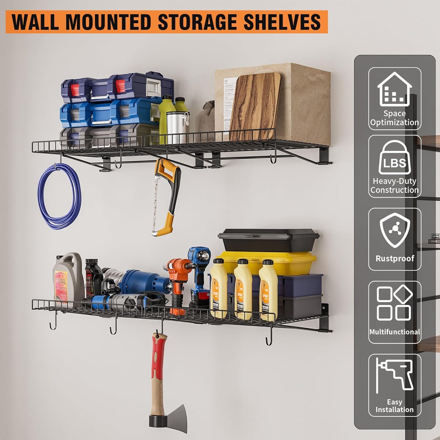 6 Pack Foldable Wall Shelf, Wall Mounted Garage Storage Shelves, Heavy Duty Wall Shelving Supports Up To 270 LBS. Floating Shelves With 12 Hooks Metal Storage Rack for Office, Kitchen and Laundry Room