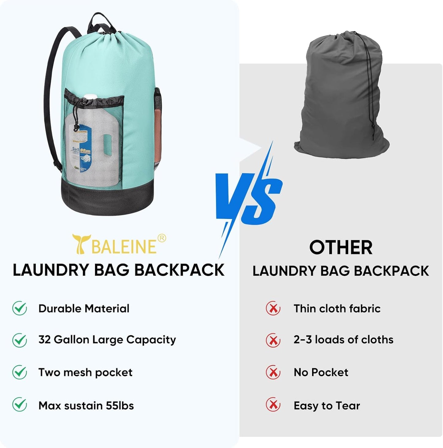 BALEINE 120L Laundry Bag Backpack, 900D Oxford Fabric Large Travel Laundry Bags with Shoulder Straps and 2 Mesh Pockets for College Dorm, Apartment, Laundromat (Sky Blue, 120L)