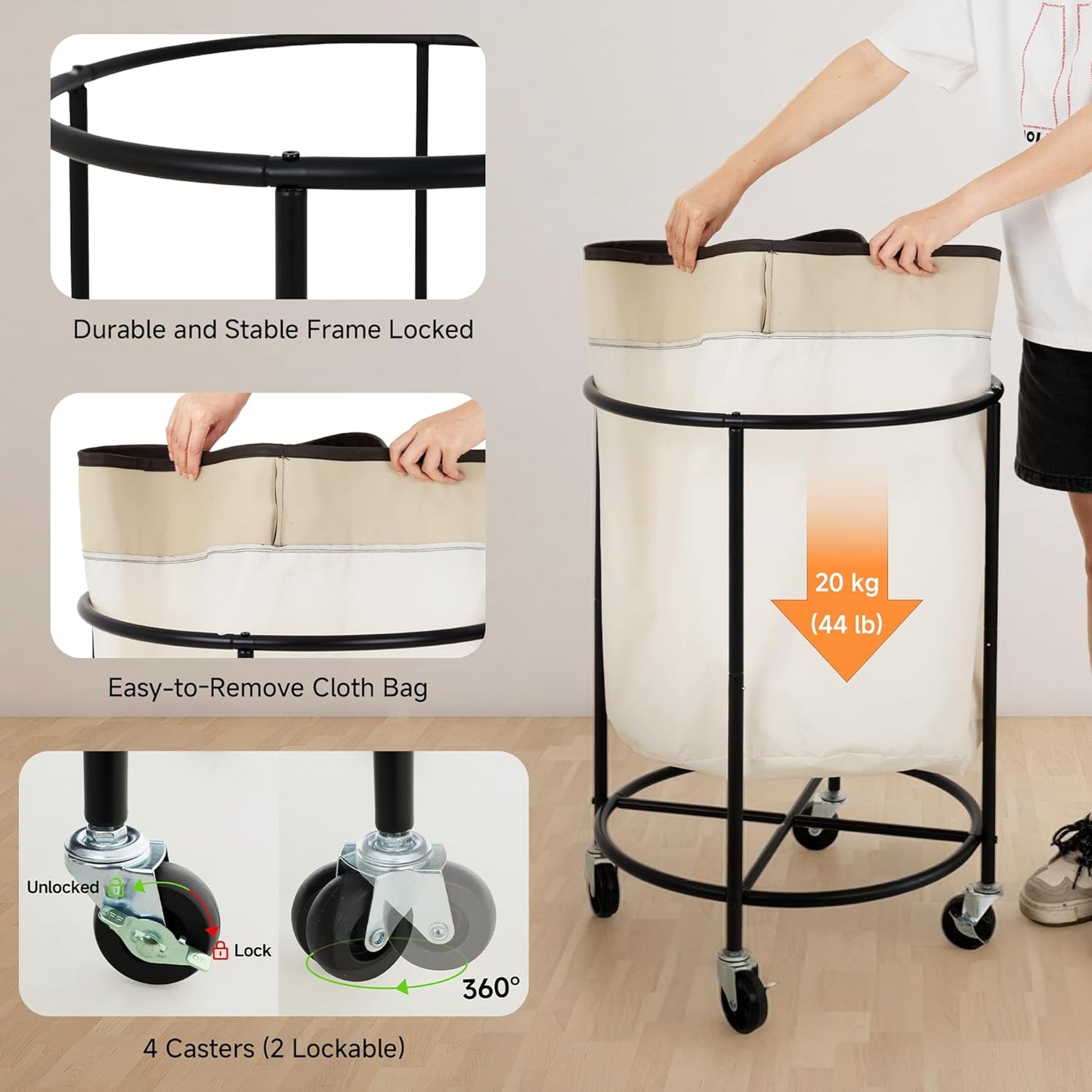 StorageWorks Rolling Laundry Basket, Laundry Hamper with Wheels, Laundry Room Organization and Storage, Dirty Clothes Cart for Bathroom, Bedroom, Beige