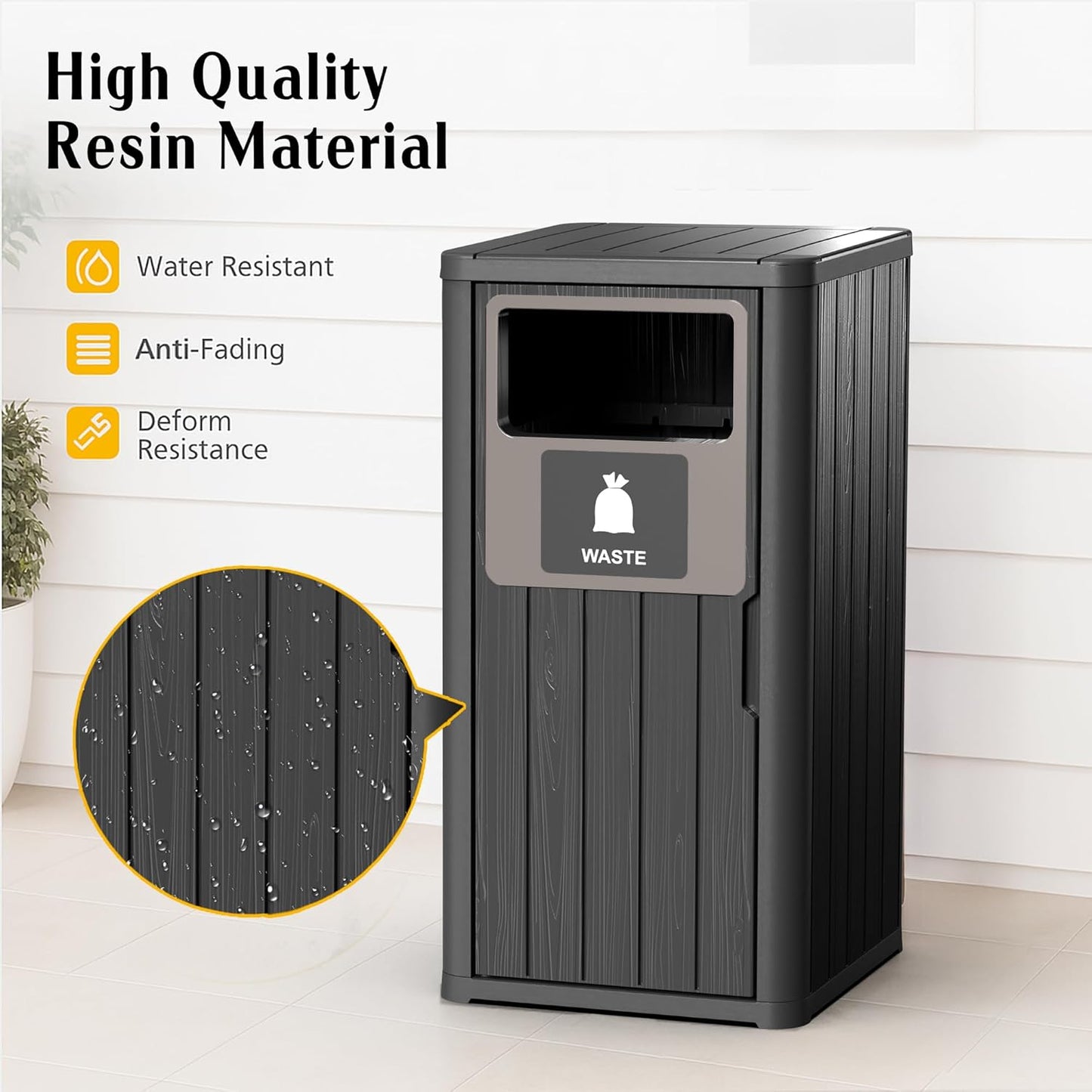 ROJIK 35" Tall Outdoor Trash Can,Weatherproof Resin Garbage Indoor Durable Lightweight,Suitable for Patio Office Kitchen,Easy to Clean,Assemble(Waste, Black)