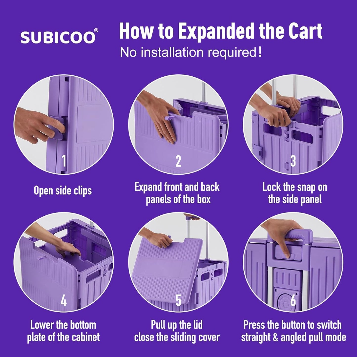 Folding Utility Cart Portable Rolling Crate Handcart Shopping Trolley Collapsible Tool Box, with Lid, Basket on 4 Rotate Wheels, for Grocery, Shopping, Office, Storage, Teacher (Purple)