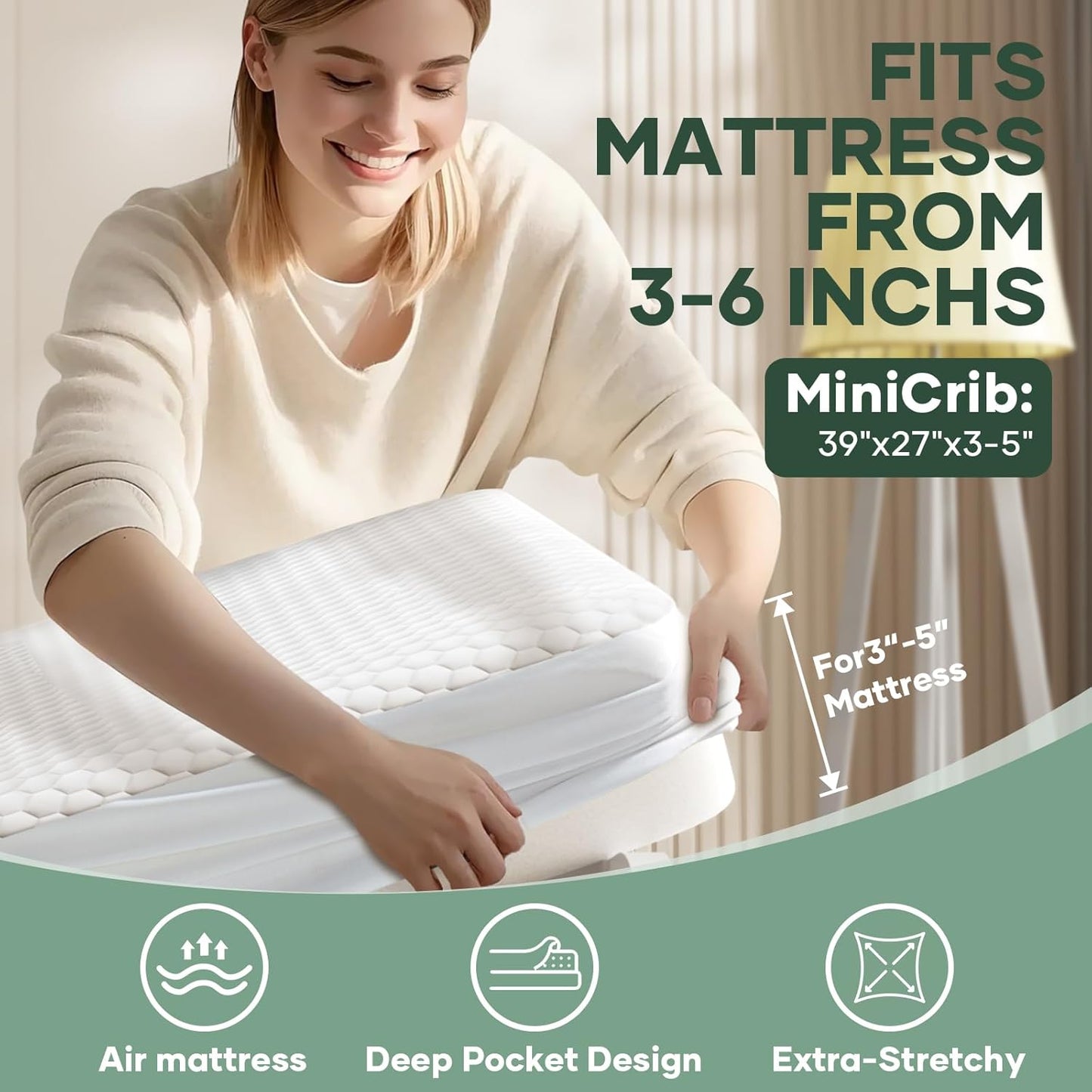OhGeni 100% Waterproof Mattress Protector, Mini Crib Size Mattress Pad, Fits 3"-5" Mattresses with Deep Pocket, Cooling, Breathable Fitted Sheets, Soft Bed Cover, Noiseless, Machine Washable