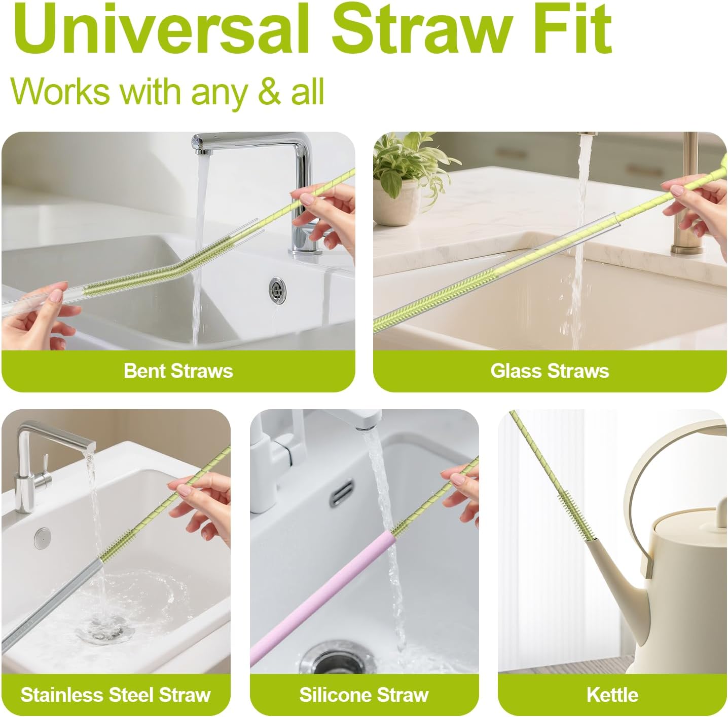 YOTIME Silicone Straw Cleaner Brush, 2 Pcs Reusable Straw Brush(6mm+9mm) for Cleaning Narrow & Wide Straws, Tumblers, Green