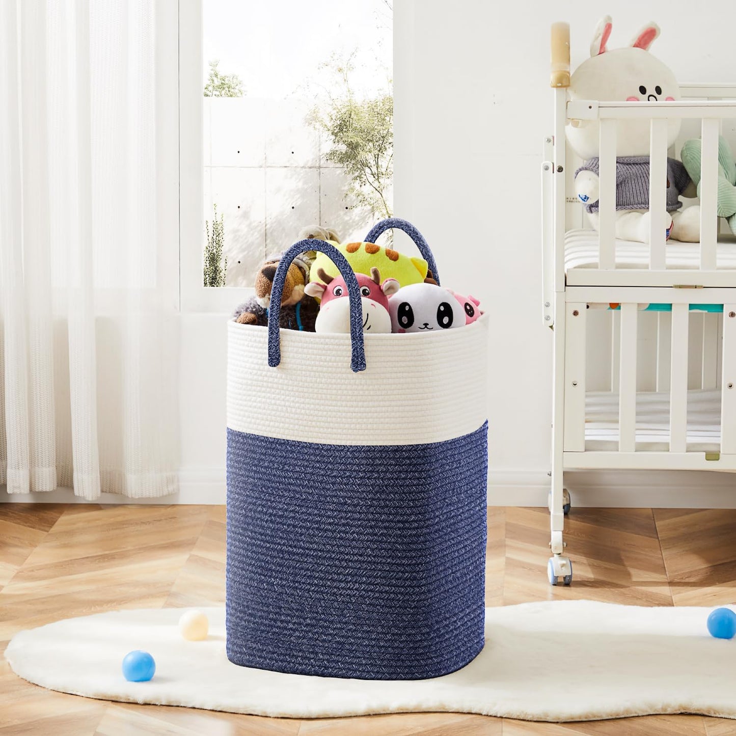 Laundry Basket,Woven Cotton Rope Laundry Hamper,Versatile Storage for Dirty Clothes,Baby Toys,and Blankets in Bathroom, Nursery,and Living Room (Blue, 100L)