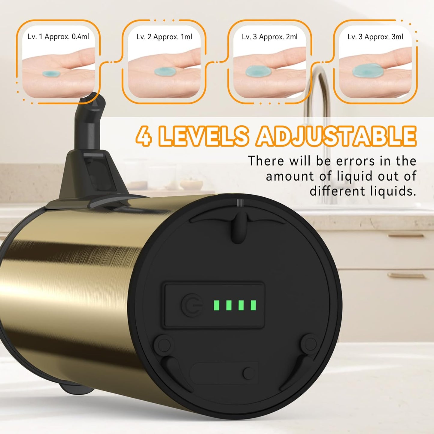 Automatic Soap Dispenser,Stainless Steel Material, Rechargeable Touchless Hand Sanitizer Pump,4 Adjustable Levels Smart Electric Dispenser,Suitable for Bathroom,Kitchen (Gold)