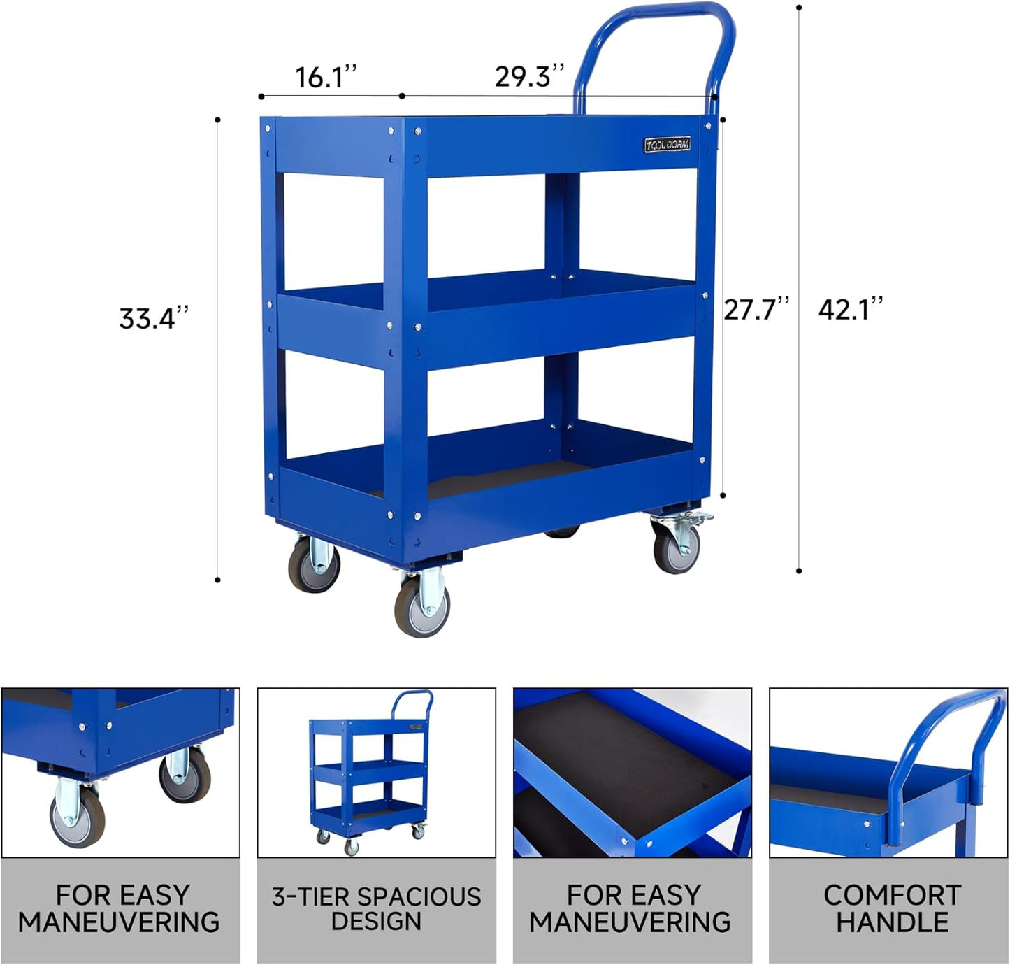 3 Tray 29.3 inch Tool Cart, self Assembly, 300 LBS Capacity Rolling Tool Carts on Wheels, Heavy Duty Utility Cart, Mechanic Tool Storage Cart for Garage, Warehouse and Repair Shop, Blue