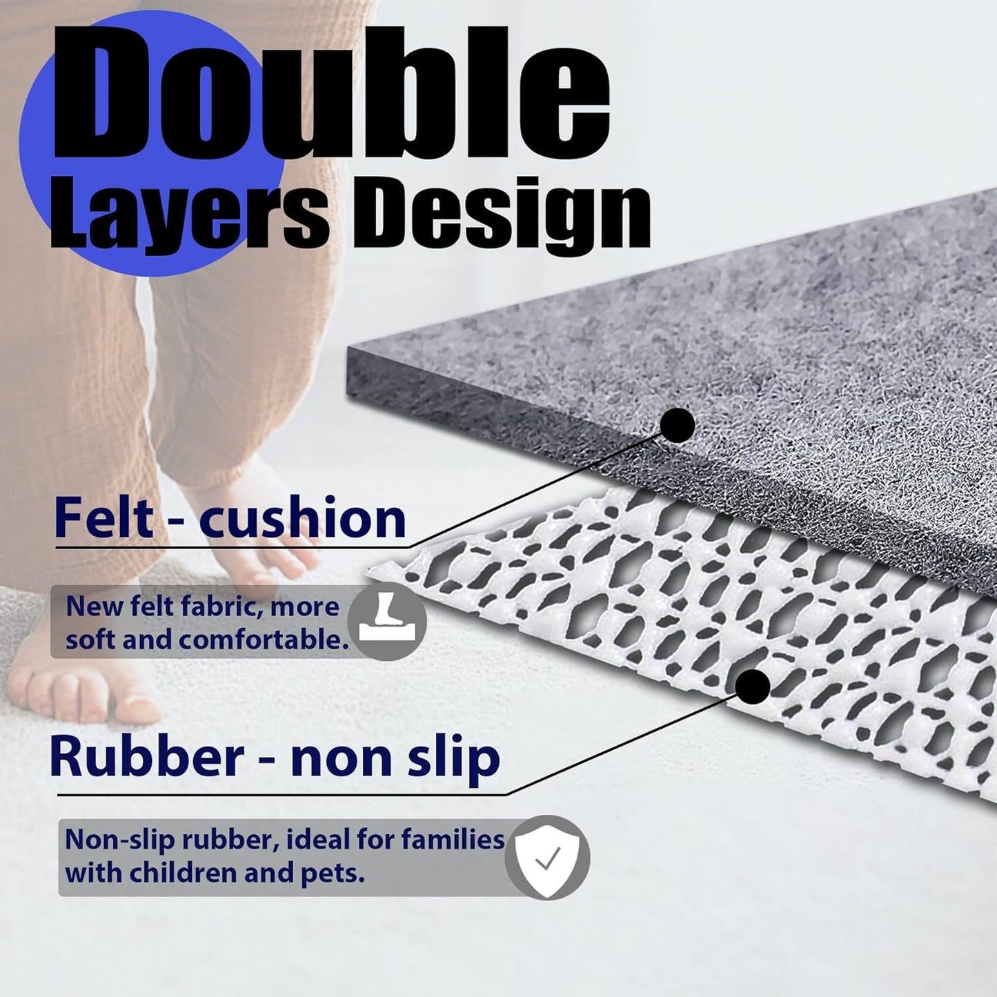 Non Slip Rug Pad Grippers - 5x8, 1/4" Thick, Felt + Rubber Double Layers Area Carpet Mat Tap, Provides Protection and Cushioning for Hardwood or Tile Floors