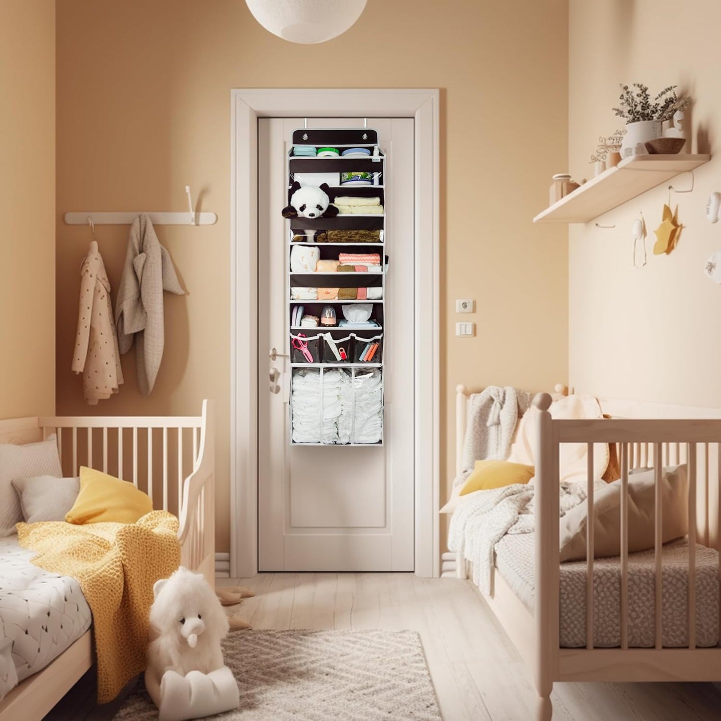 Door Hanging Storage Organizer,with 3 Bins 1 Movable Baby Diaper Caddy,1 Large capacity diaper stacking storage Organizer,10 Side Pockets ,Bedroom Door Storage for Nursery Baby Essentials. (Dark grey)