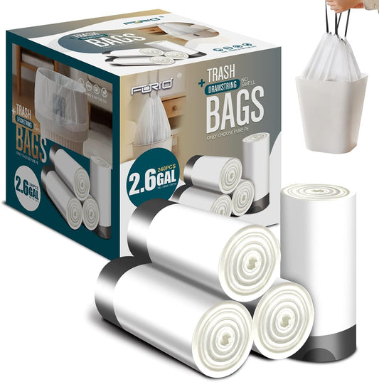 FORID Small Drawstring Trash Bags - 2.6 Gallon White Garbage Bags 240 Count, Durable & Thick Bags, Multipurpose Use