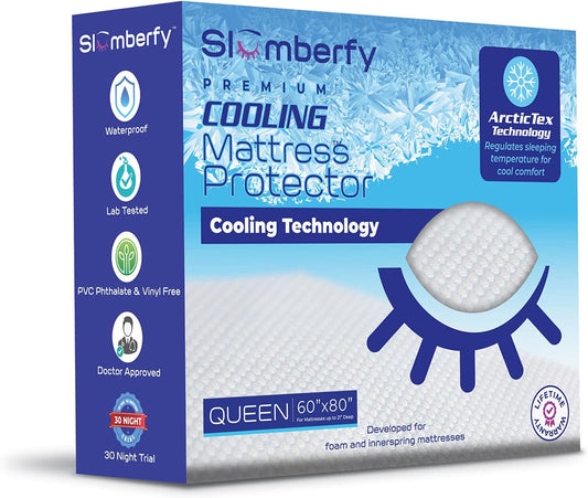 Queen Size Waterproof Cooling Mattress Protector by Slumberfy - Premium Skin-Safe Cover, Natural Fabric with ArcticTex Technology, Noiseless Quilted Mattress Cover – 60x80 in.