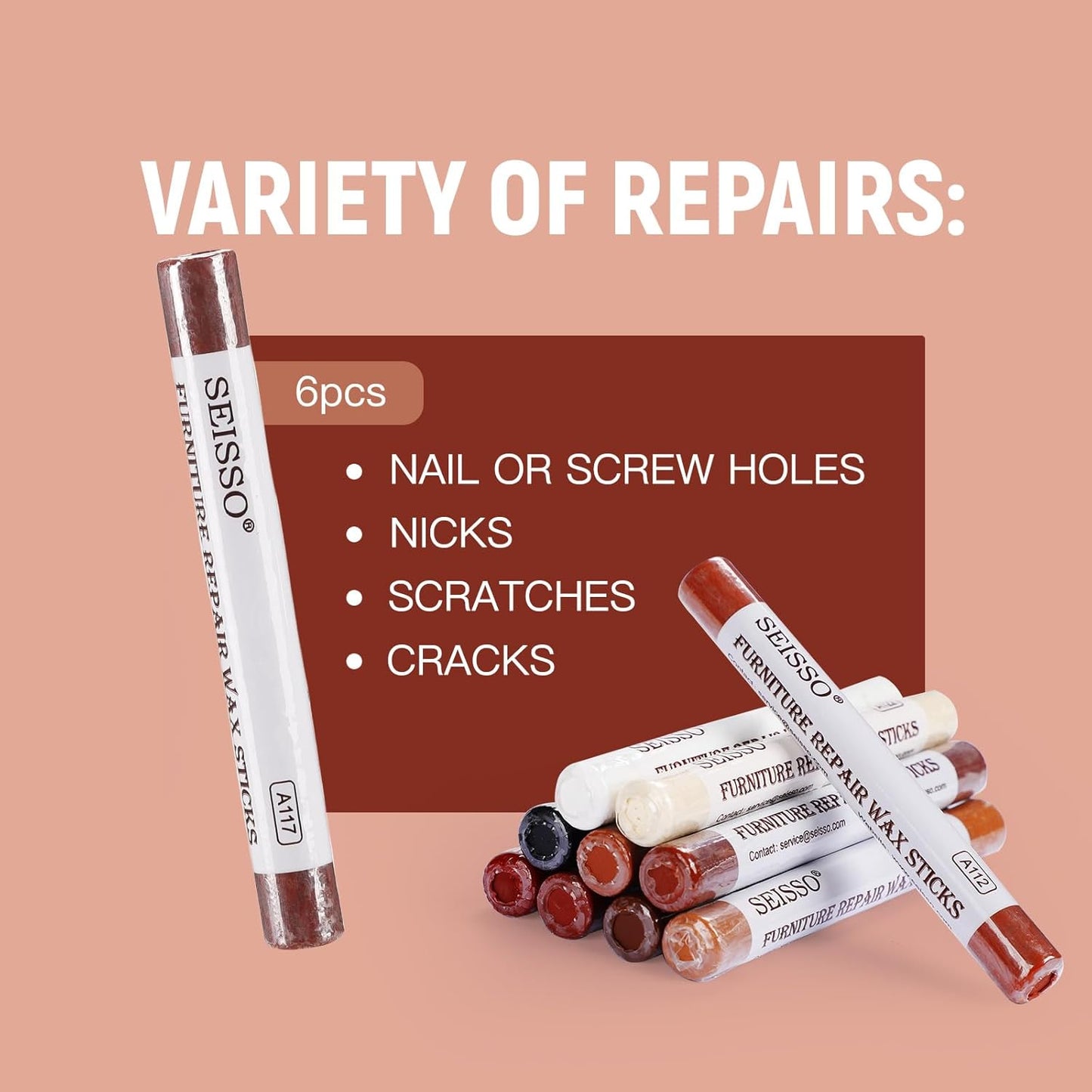 SEISSO Wood Filler Sticks- 6 Pcs, Furniture Repair Wax Crayons, Furniture Marking Repair - Scratch, Cracks, Hole, Table, Wood Floor, Guitar - Heartwood Cherry/Red Brown/Nutmeg