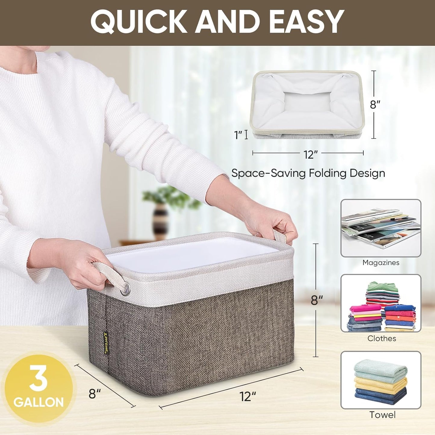 BALEINE 1 Pack Fabric Storage Bins for Shelves, Linen Storage Baskets for Organizing, Decorative Closet Bins for Clothes, Home (Brown, 12"x8"x8")